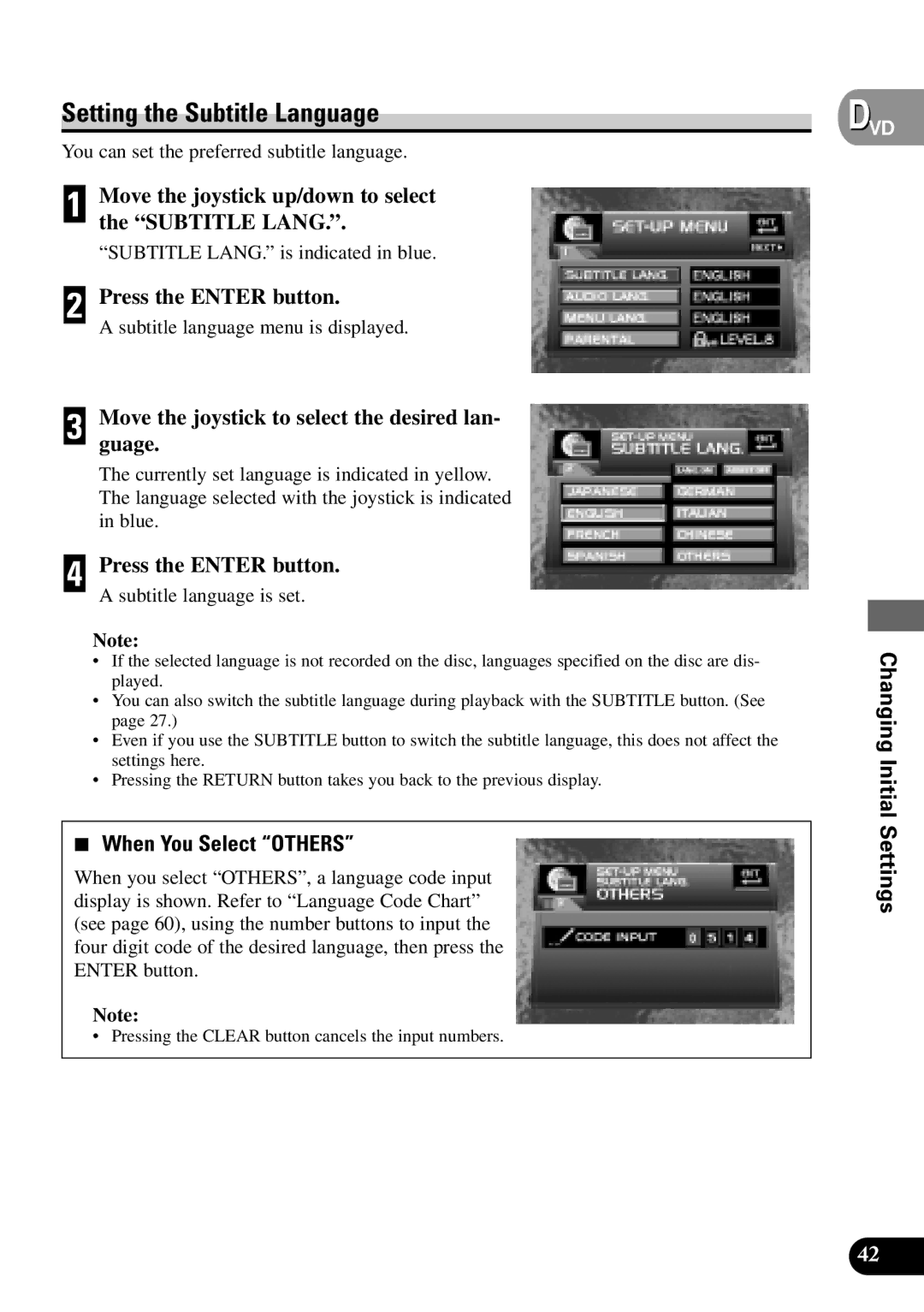 Pioneer XDV-P9 Setting the Subtitle Language, Move the joystick to select the desired lan- guage, When You Select Others 