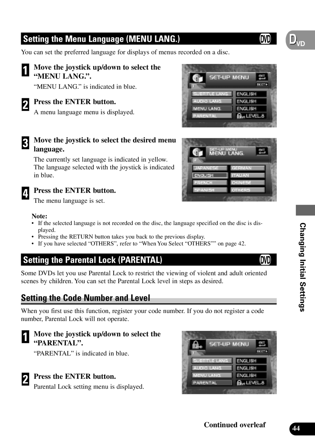 Pioneer XDV-P9 Setting the Menu Language Menu Lang, Setting the Parental Lock Parental, Setting the Code Number and Level 