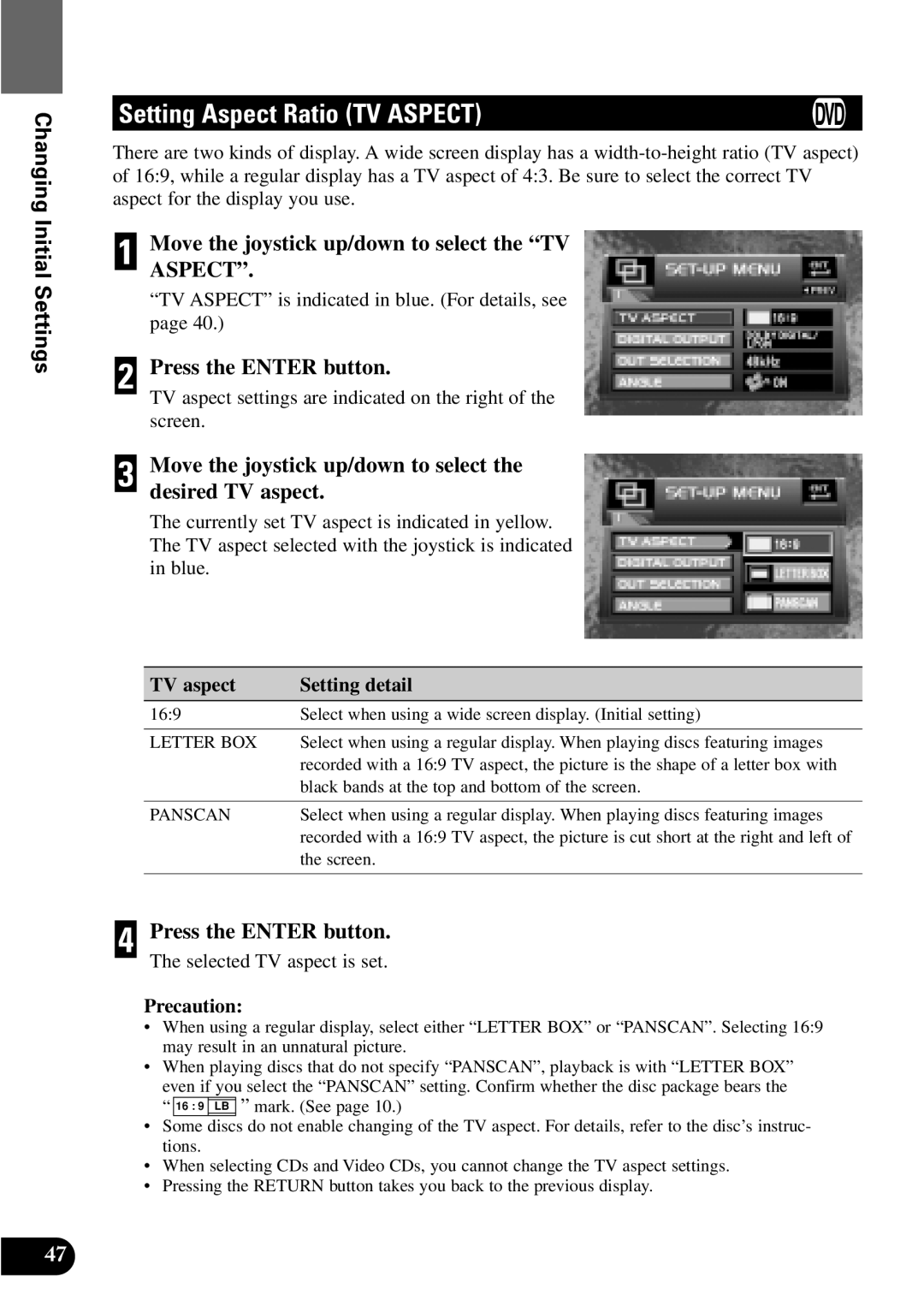 Pioneer XDV-P9 Setting Aspect Ratio TV Aspect, Move the joystick up/down to select the TV Aspect, TV aspect Setting detail 