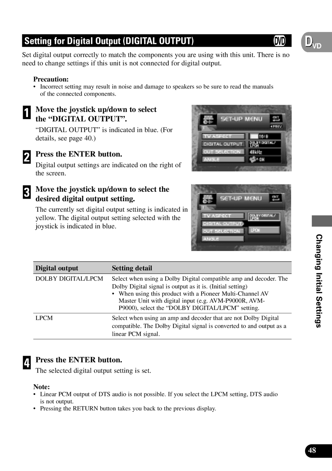 Pioneer XDV-P9 Setting for Digital Output Digital Output, Move the joystick up/down to select the Digital Output 