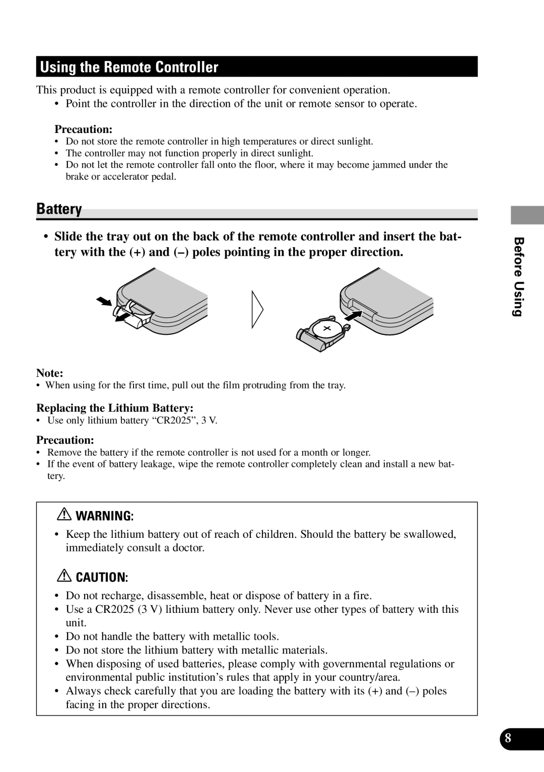 Pioneer XDV-P90 owner manual Using the Remote Controller, Precaution, Replacing the Lithium Battery 