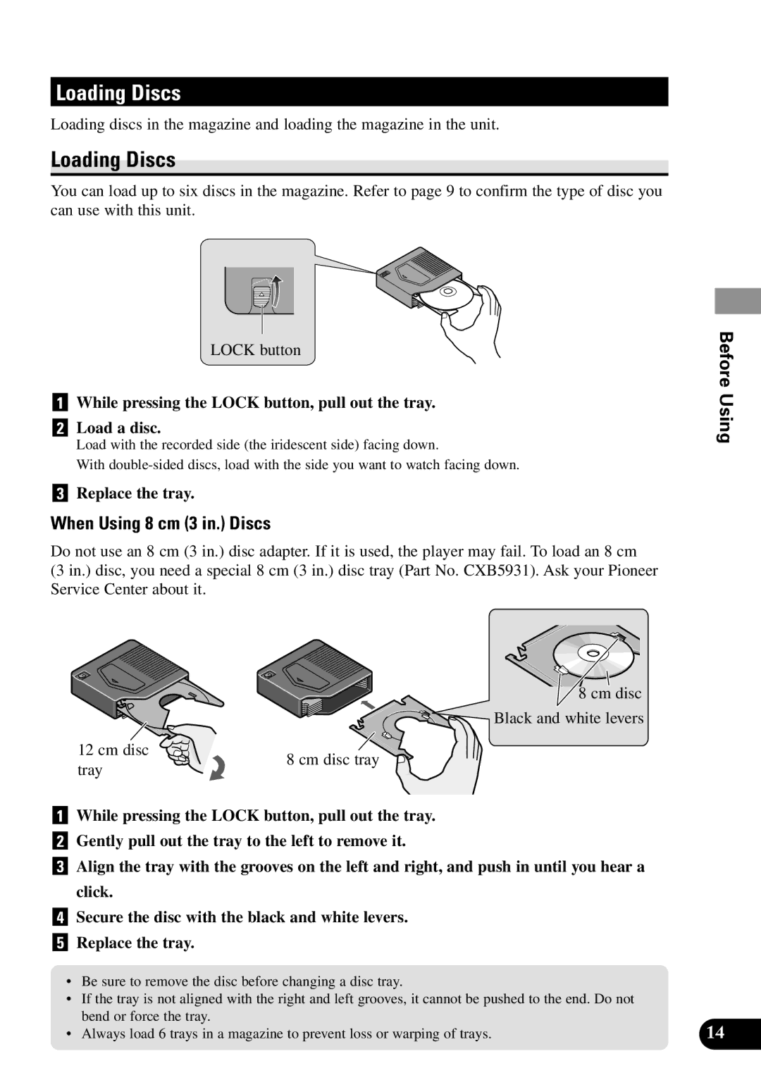 Pioneer XDV-P90 owner manual Loading Discs, When Using 8 cm 3 in. Discs, Replace the tray, Tray 