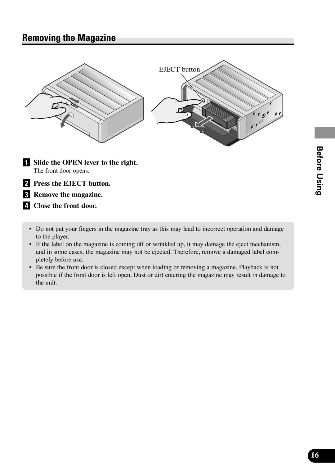 Pioneer XDV-P90 owner manual Removing the Magazine, Eject button 