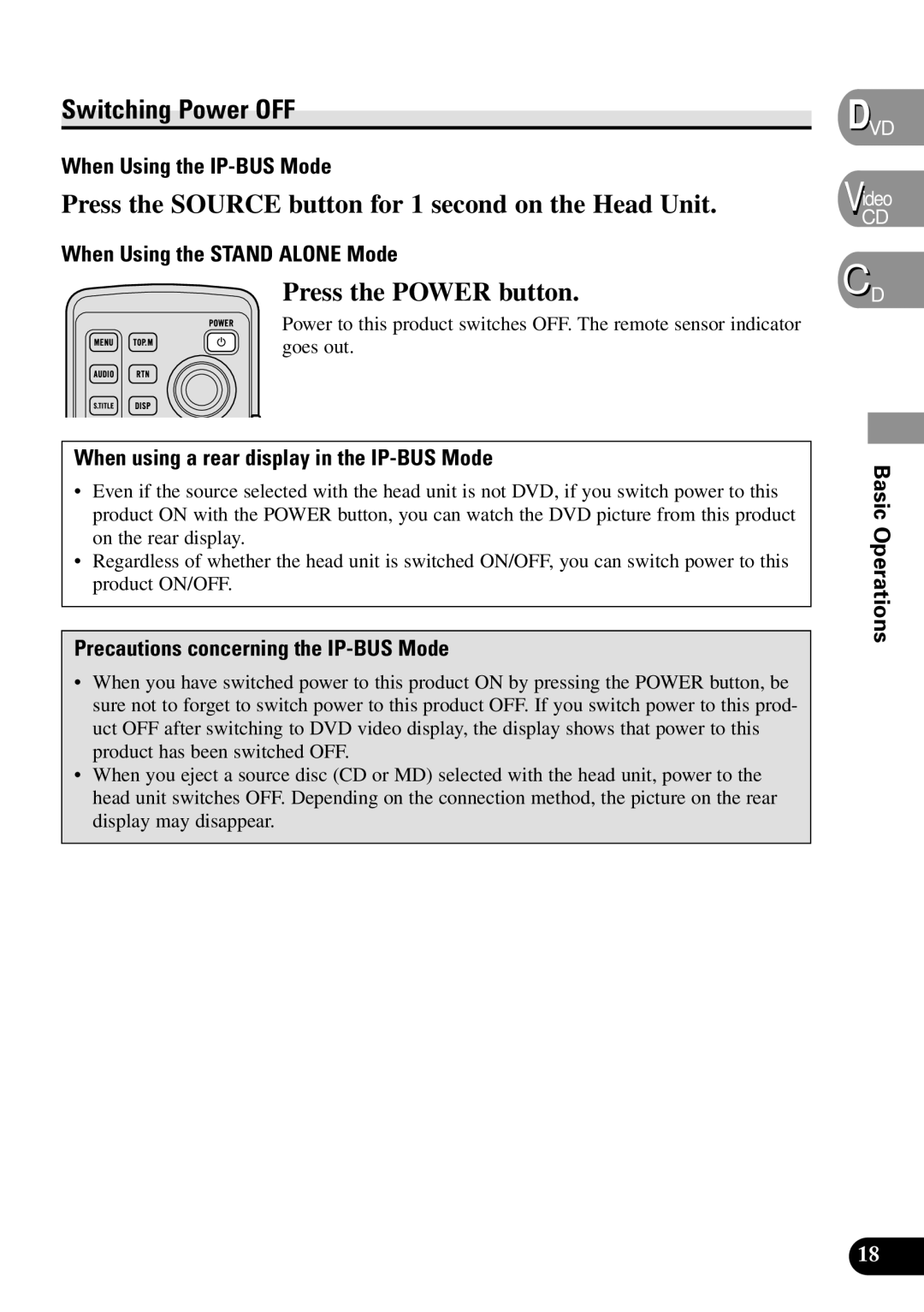 Pioneer XDV-P90 owner manual Switching Power OFF, Press the Source button for 1 second on the Head Unit 