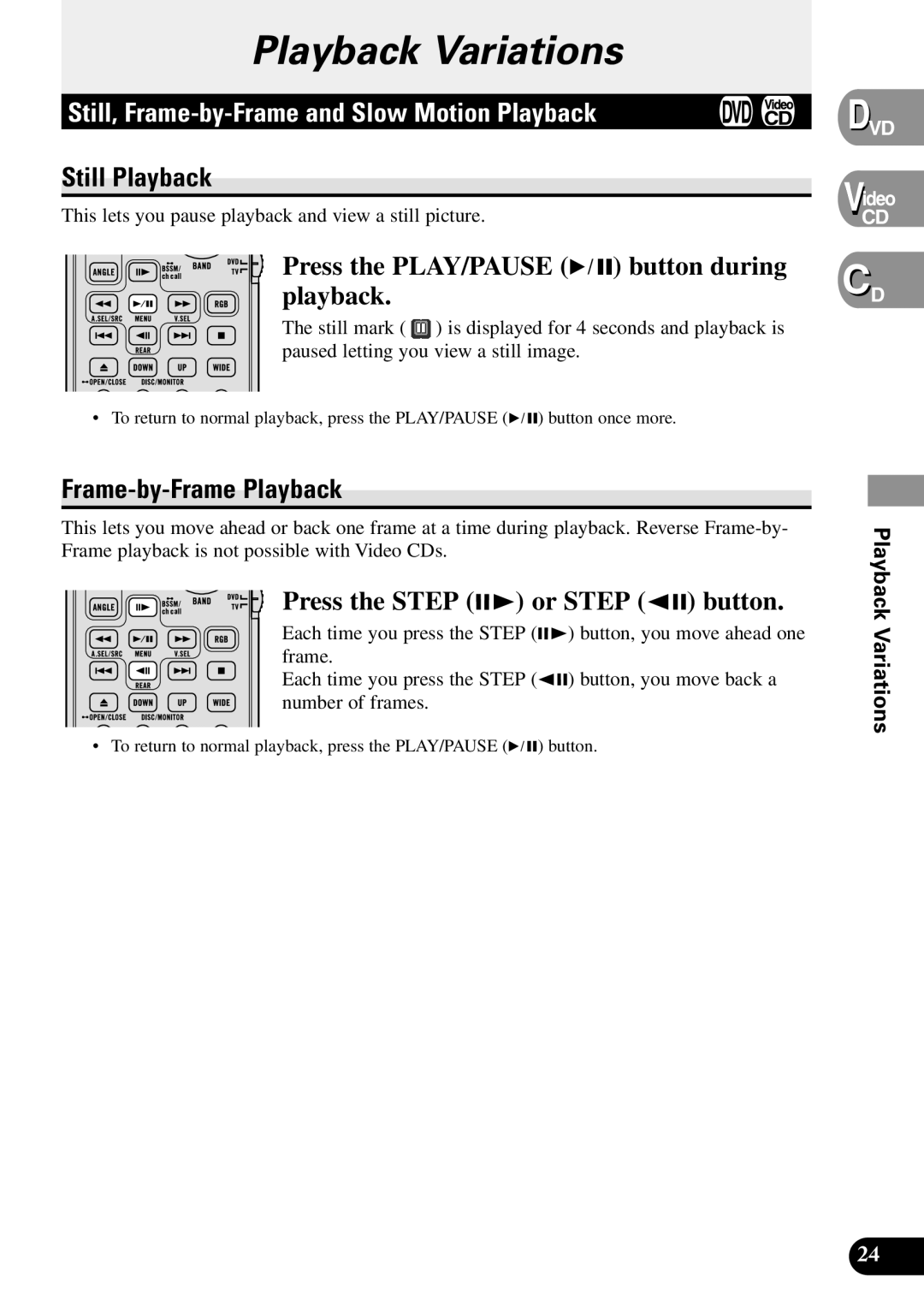 Pioneer XDV-P90 owner manual Still, Frame-by-Frame and Slow Motion Playback, Still Playback, Frame-by-Frame Playback 