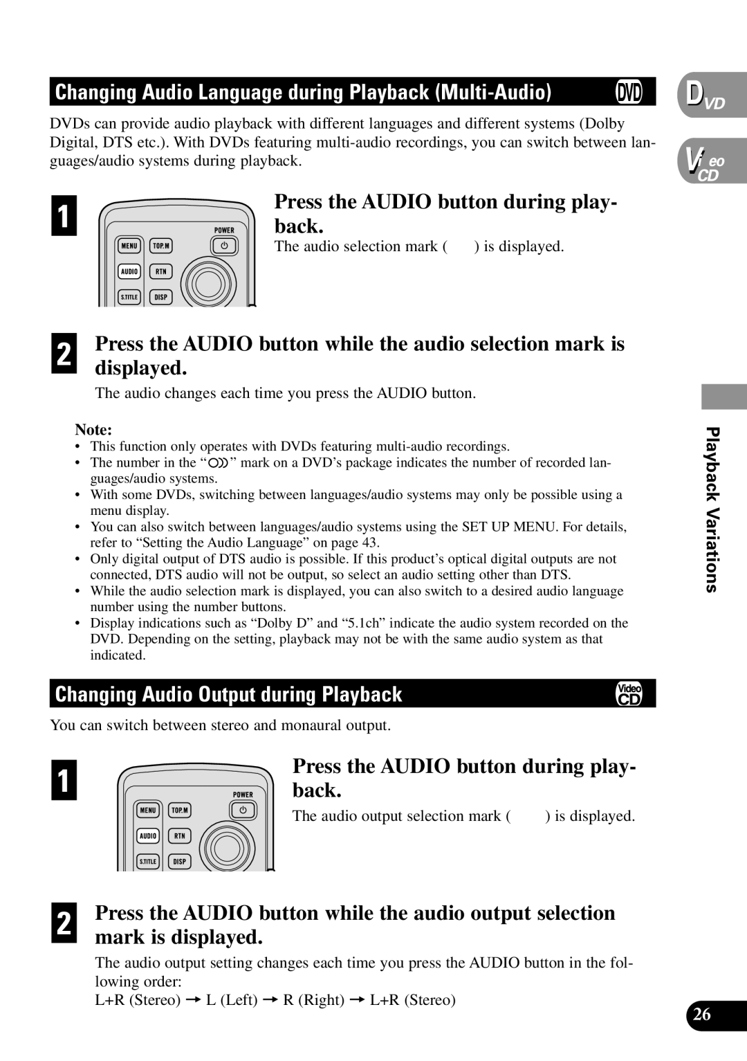 Pioneer XDV-P90 owner manual Changing Audio Language during Playback Multi-Audio, Changing Audio Output during Playback 