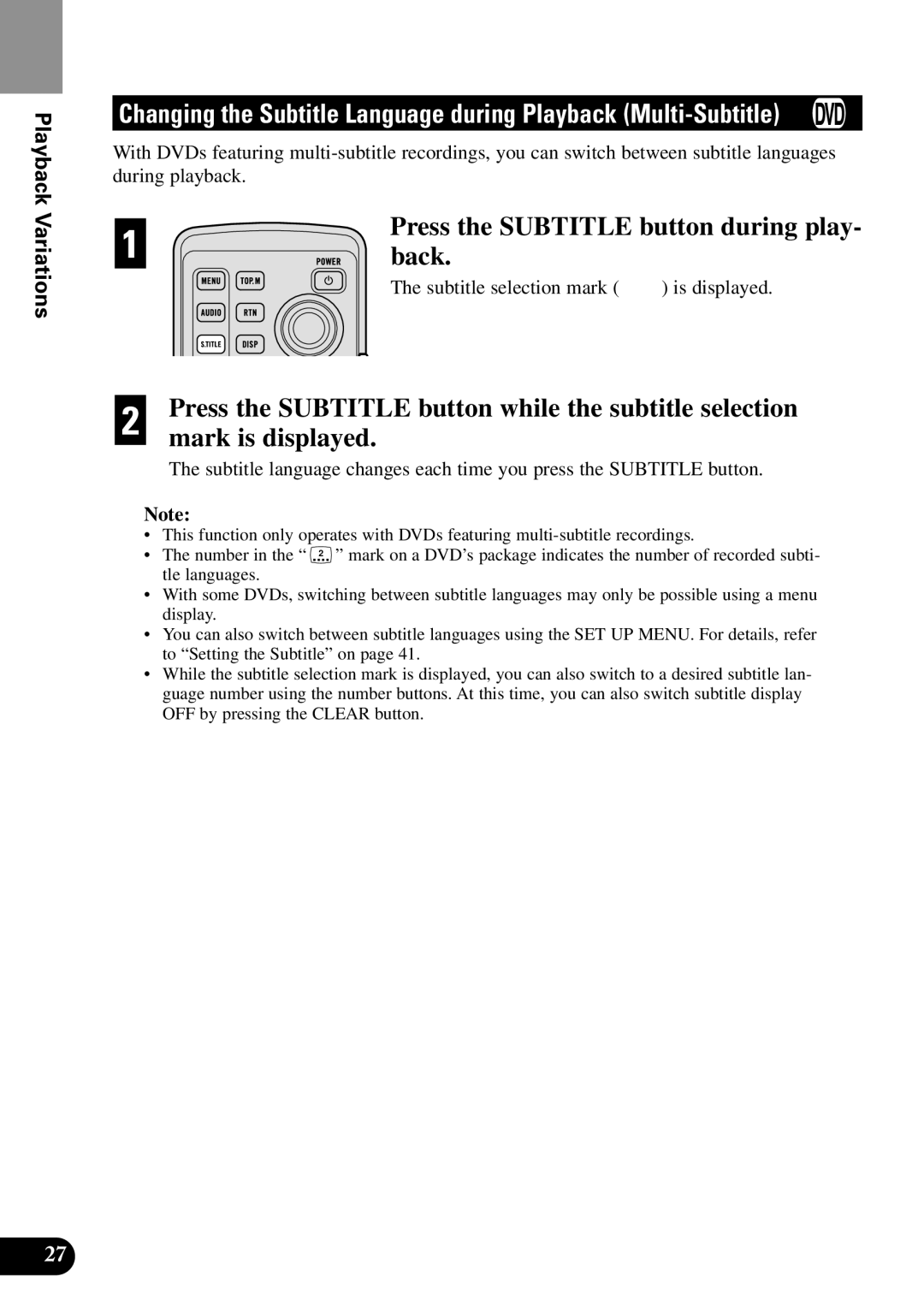 Pioneer XDV-P90 owner manual Press the Subtitle button during play, Press the Subtitle button while the subtitle selection 