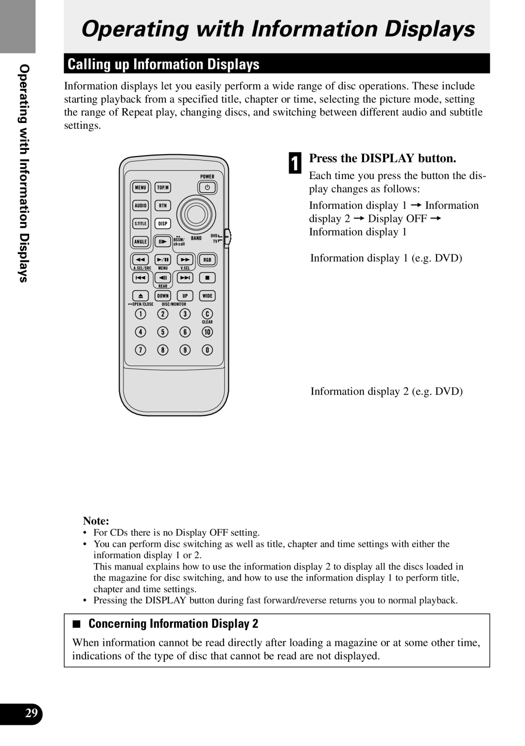 Pioneer XDV-P90 owner manual Calling up Information Displays, Operating with Information Displays, Press the Display button 