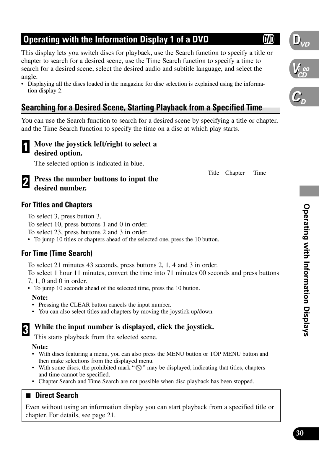 Pioneer XDV-P90 Operating with the Information Display 1 of a DVD, For Titles and Chapters, For Time Time Search 