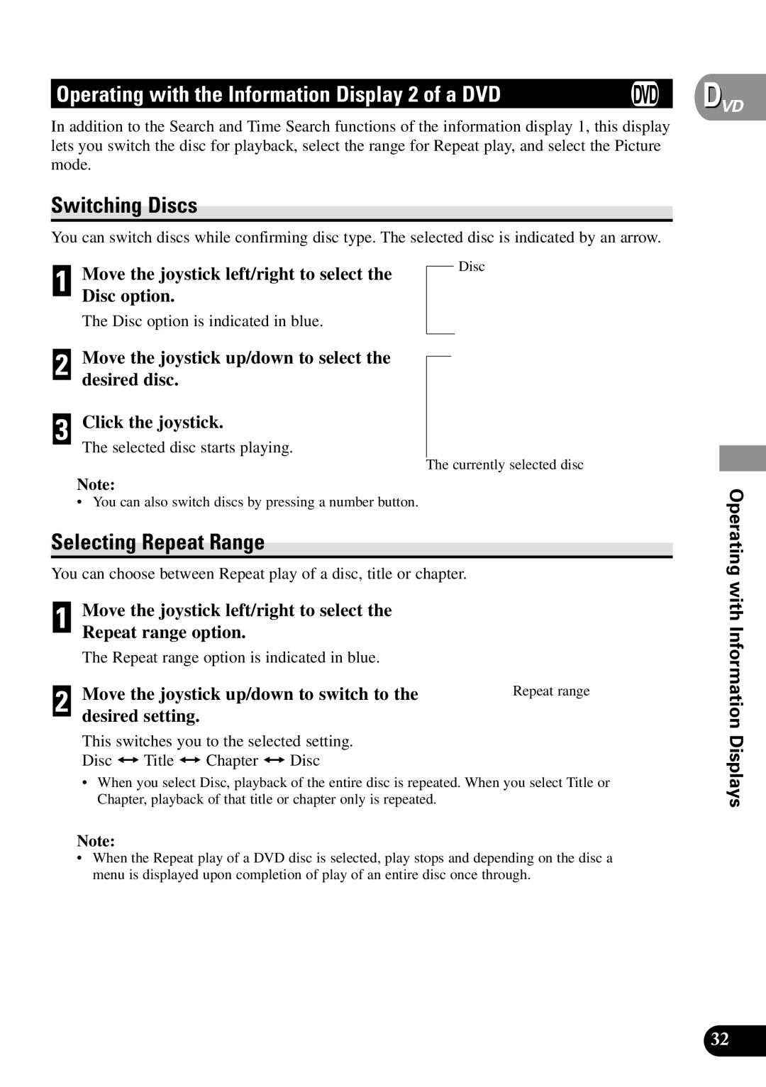 Pioneer XDV-P90 owner manual Operating with the Information Display 2 of a DVD, Switching Discs, Selecting Repeat Range 