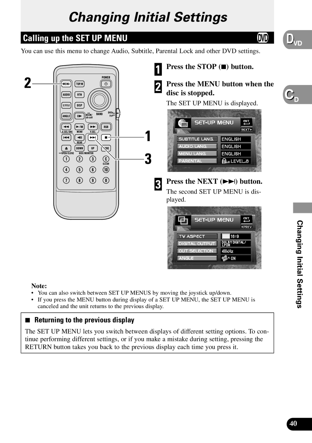 Pioneer XDV-P90 owner manual Calling up the SET UP Menu, Press the Next ¢ button, Returning to the previous display 