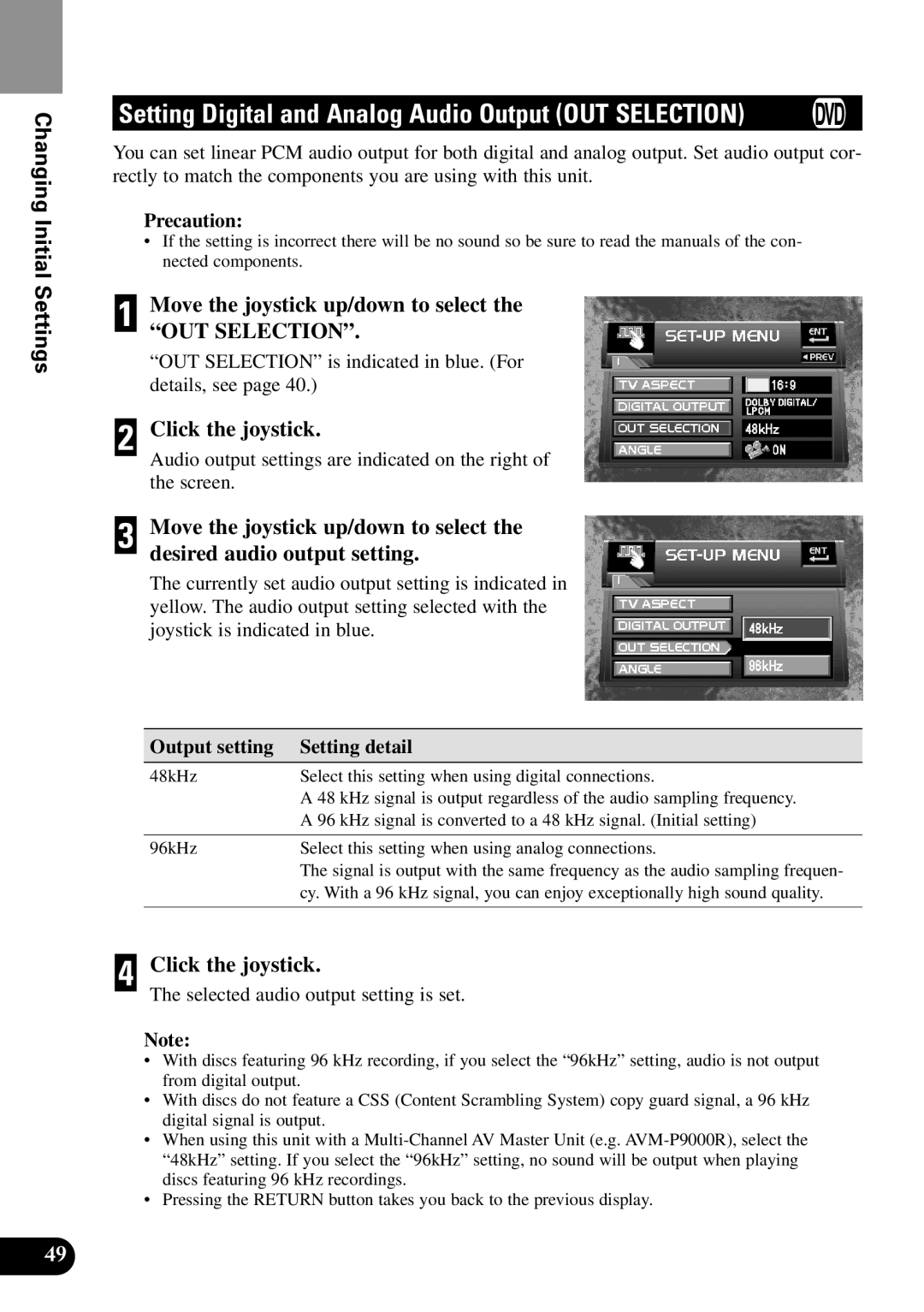 Pioneer XDV-P90 owner manual Setting Digital and Analog Audio Output OUT Selection, Output setting Setting detail 