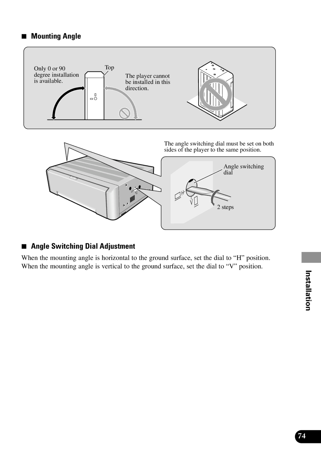 Pioneer XDV-P90 owner manual Mounting Angle, Angle Switching Dial Adjustment 