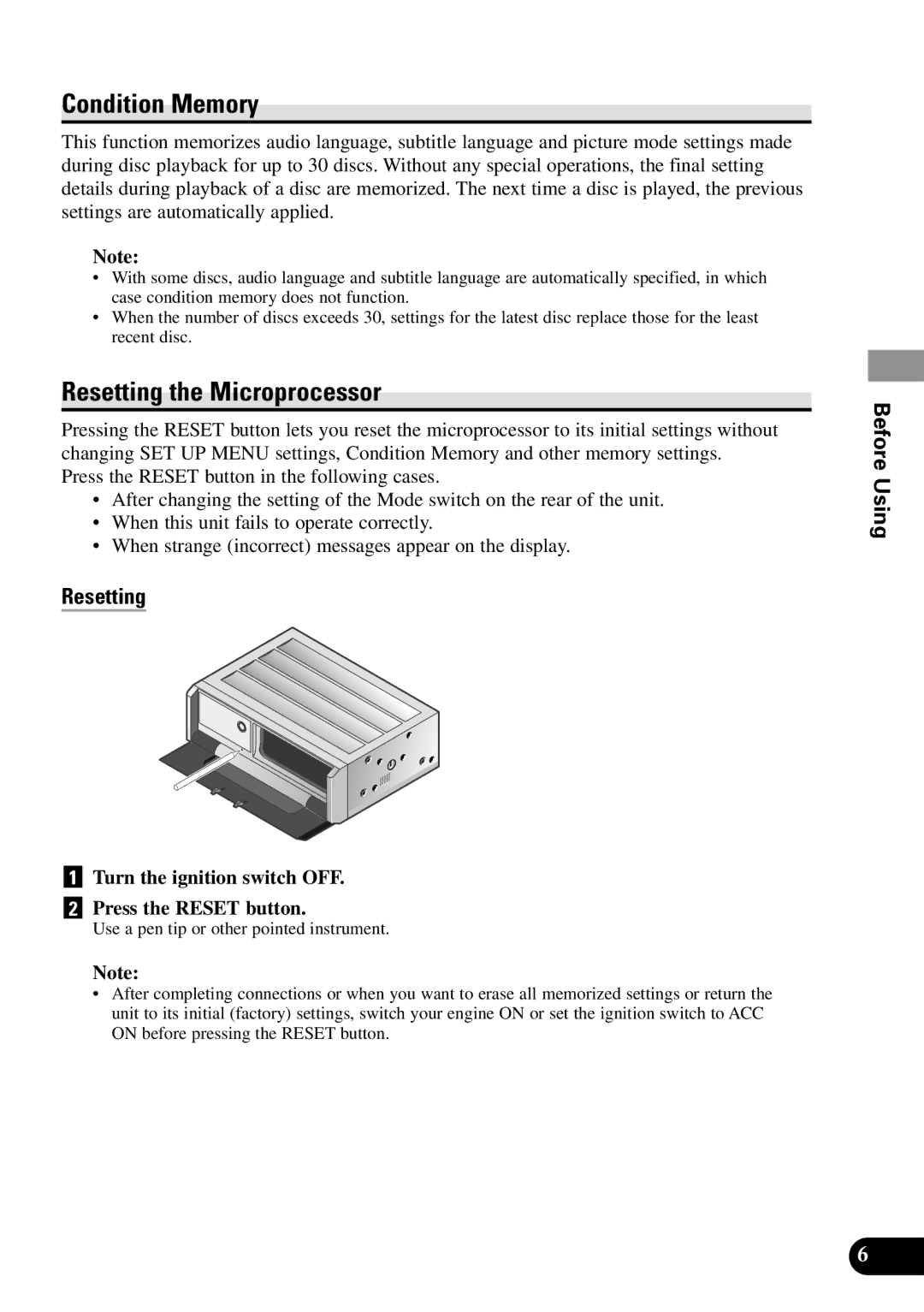 Pioneer XDV-P90 Condition Memory, Resetting the Microprocessor, Turn the ignition switch OFF Press the Reset button 