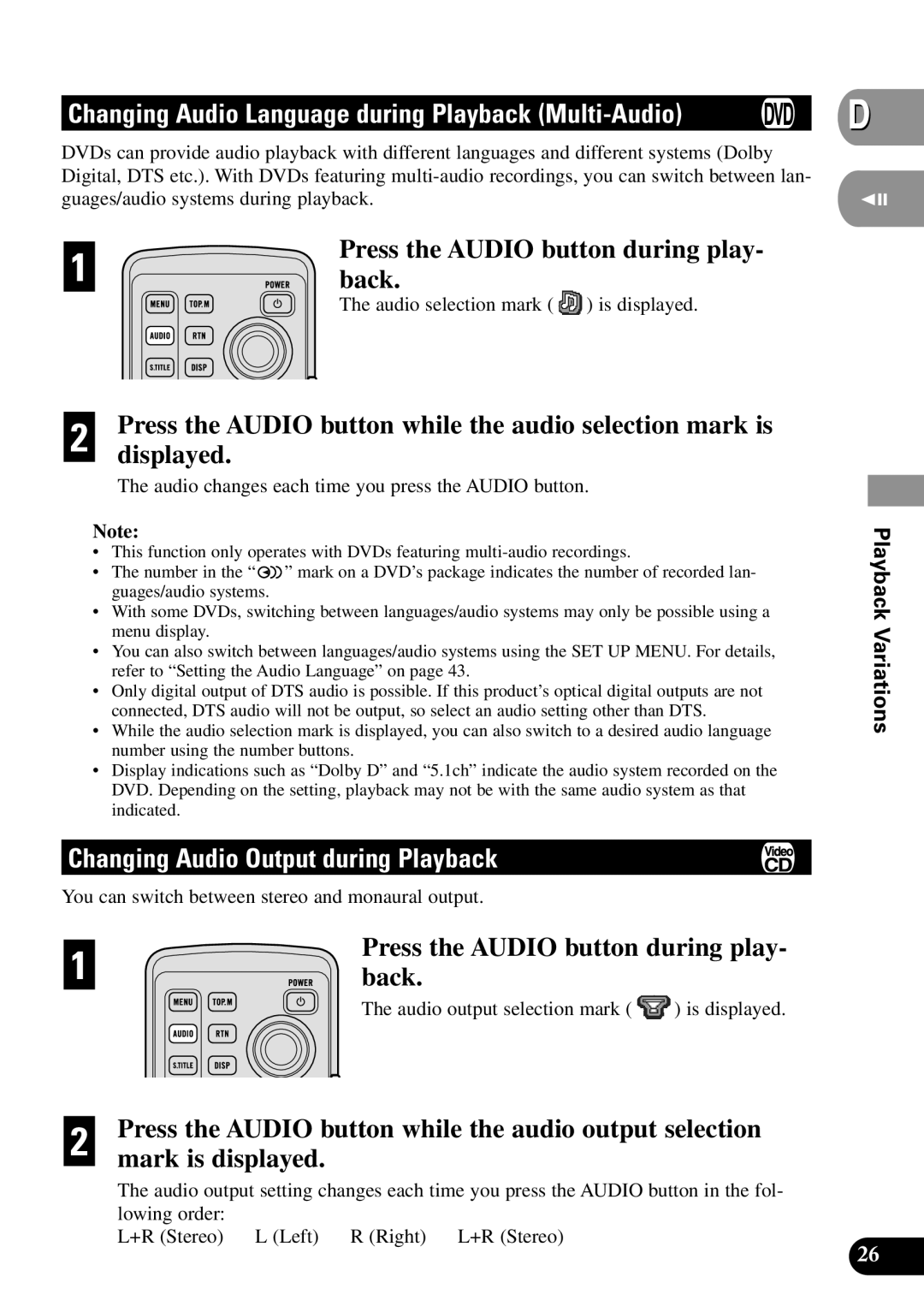 Pioneer XDV-P9II owner manual Changing Audio Language during Playback Multi-Audio, Changing Audio Output during Playback 