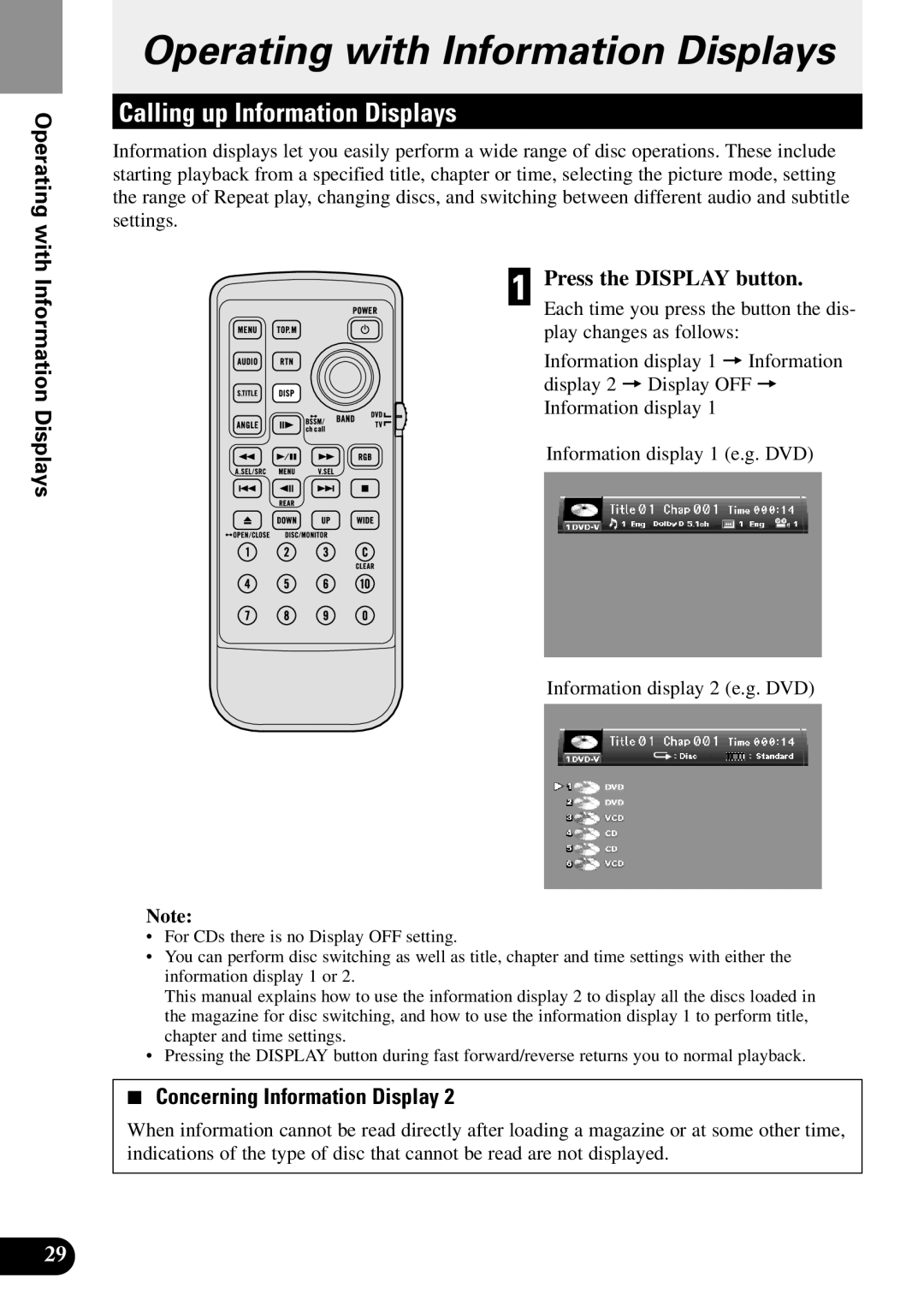 Pioneer XDV-P9II Operating with Information Displays, Calling up Information Displays, Press the Display button 