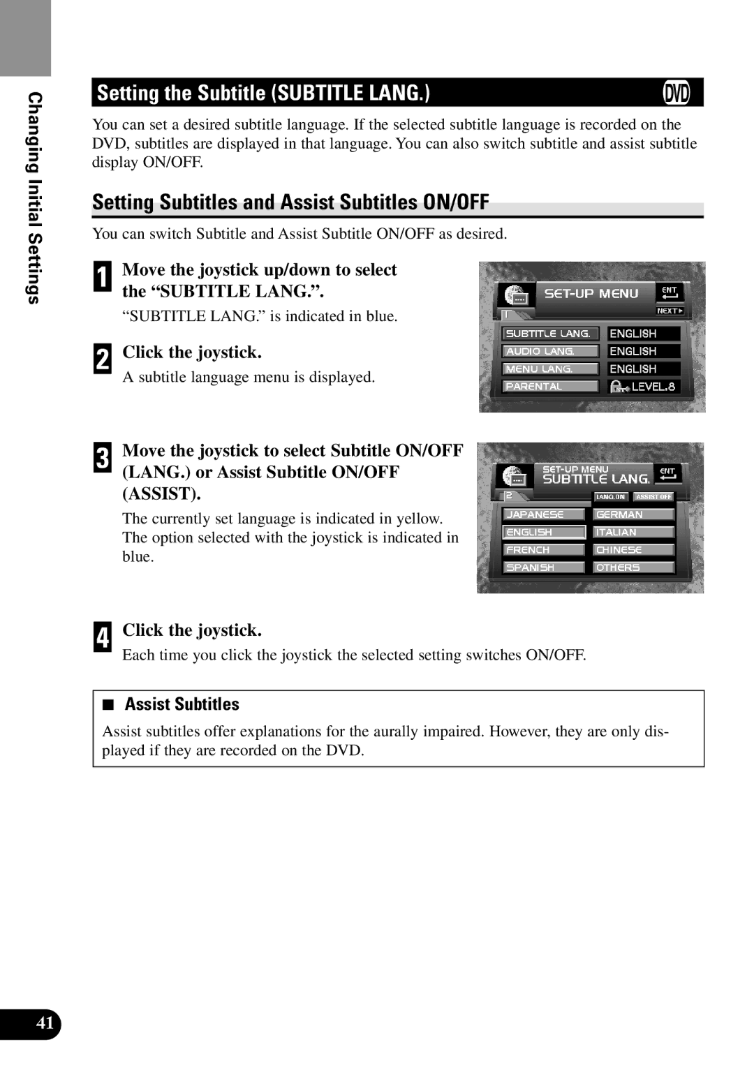 Pioneer XDV-P9II owner manual Setting the Subtitle Subtitle Lang, Setting Subtitles and Assist Subtitles ON/OFF 