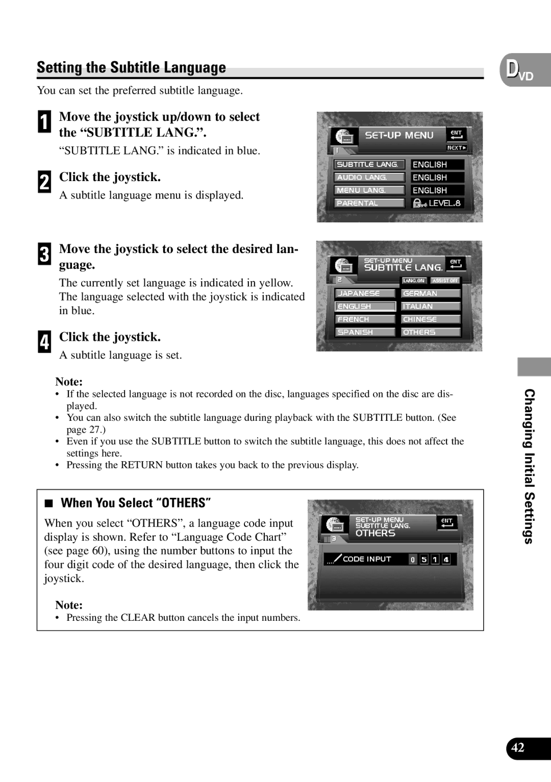 Pioneer XDV-P9II Setting the Subtitle Language, Move the joystick to select the desired lan- guage, When You Select Others 