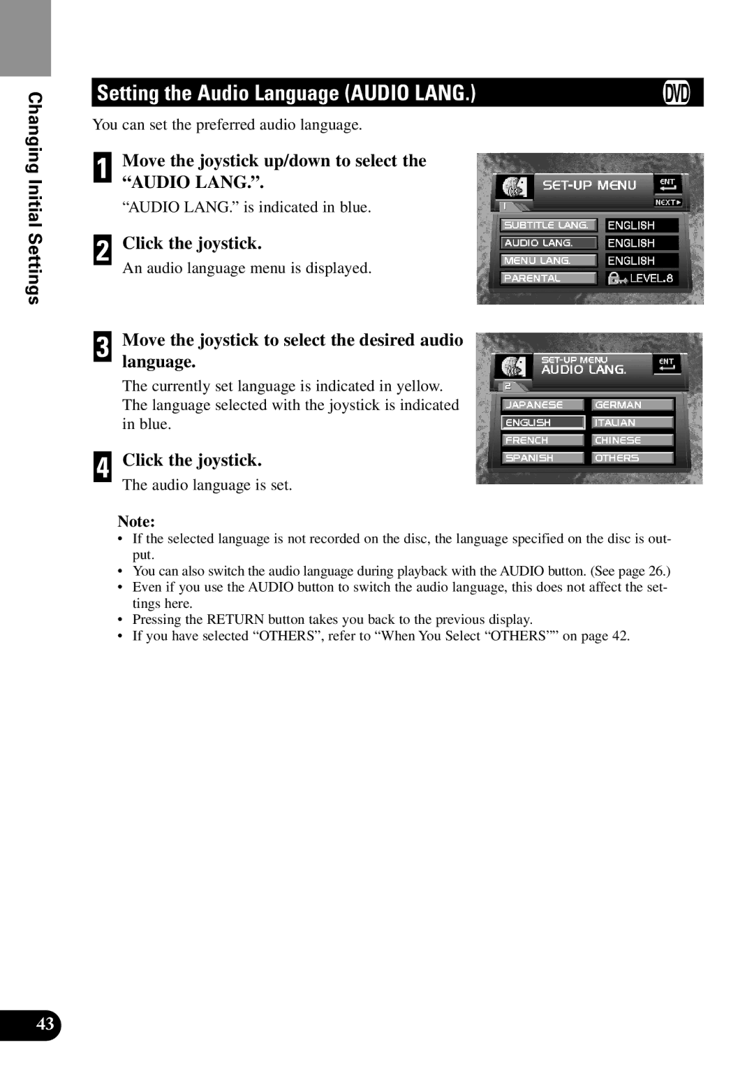 Pioneer XDV-P9II owner manual Setting the Audio Language Audio Lang, Move the joystick up/down to select the Audio Lang 