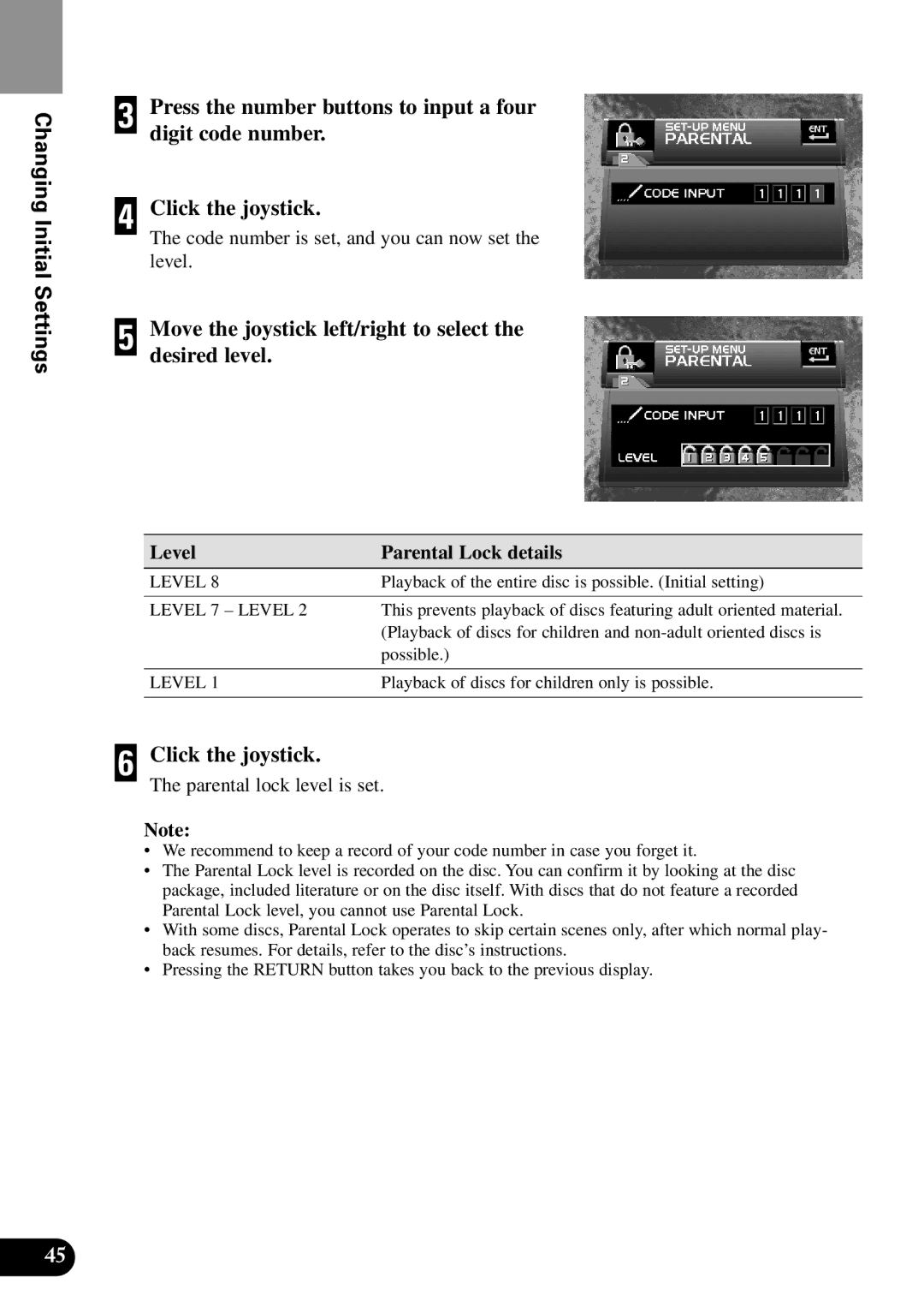 Pioneer XDV-P9II owner manual Move the joystick left/right to select the desired level, Level Parental Lock details 