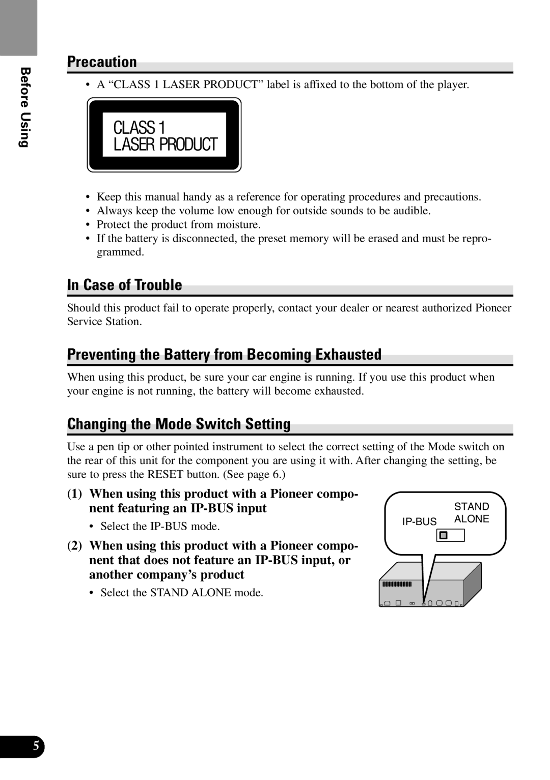 Pioneer XDV-P9II Precaution, Case of Trouble, Preventing the Battery from Becoming Exhausted, Select the IP-BUS mode 