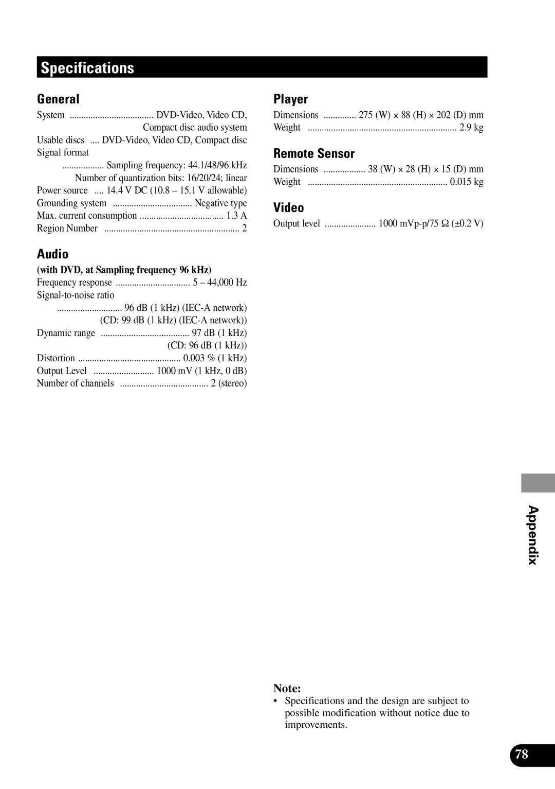 Pioneer XDV-P9II owner manual Specifications 