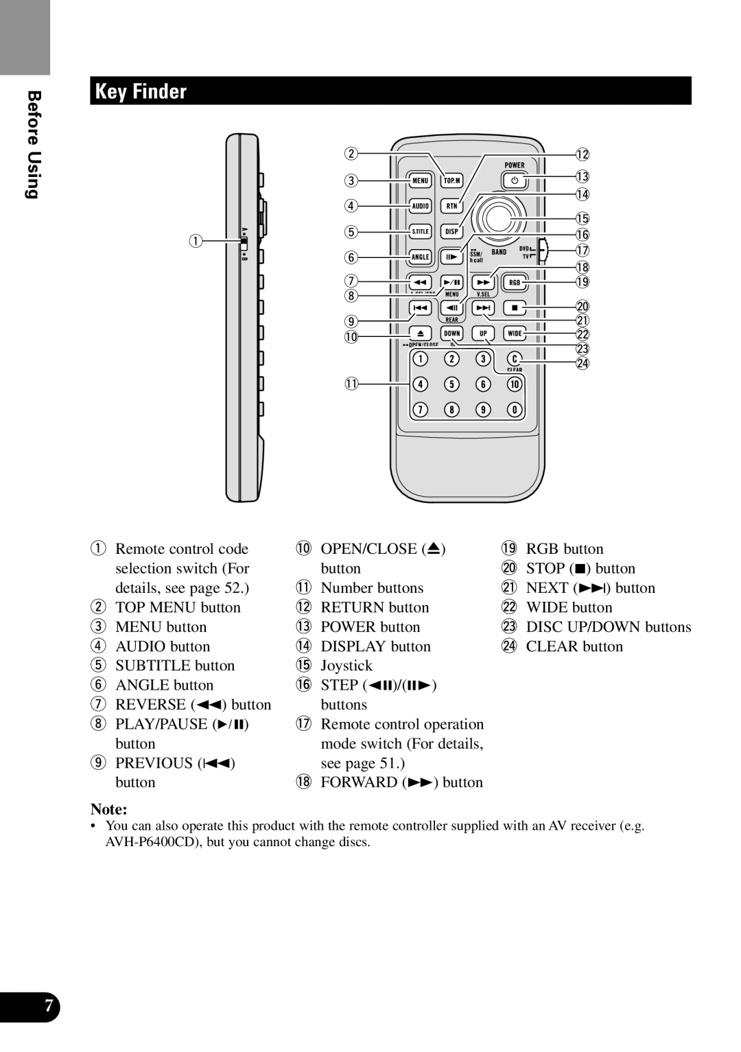 Pioneer XDV-P9II owner manual Key Finder, Remote control code 