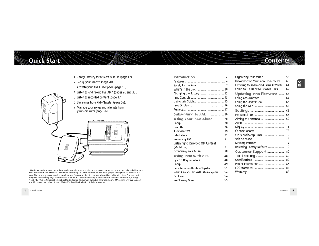 Pioneer XM2GO manual Quick Start, Contents 