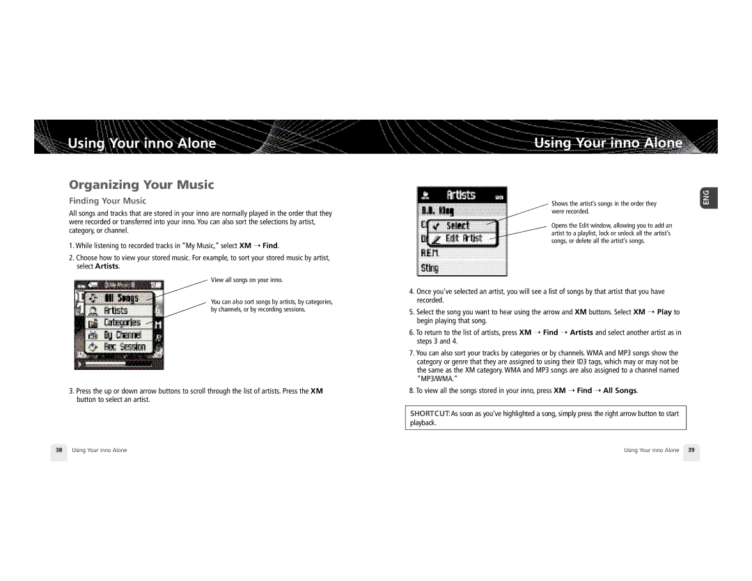 Pioneer XM2GO manual Organizing Your Music, Finding Your Music, Playback 