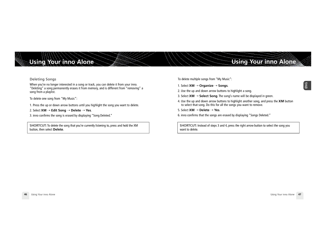 Pioneer XM2GO manual Deleting Songs, Select XM Edit Song Delete Yes, Select XM Organize Songs, Select XM Delete Yes 