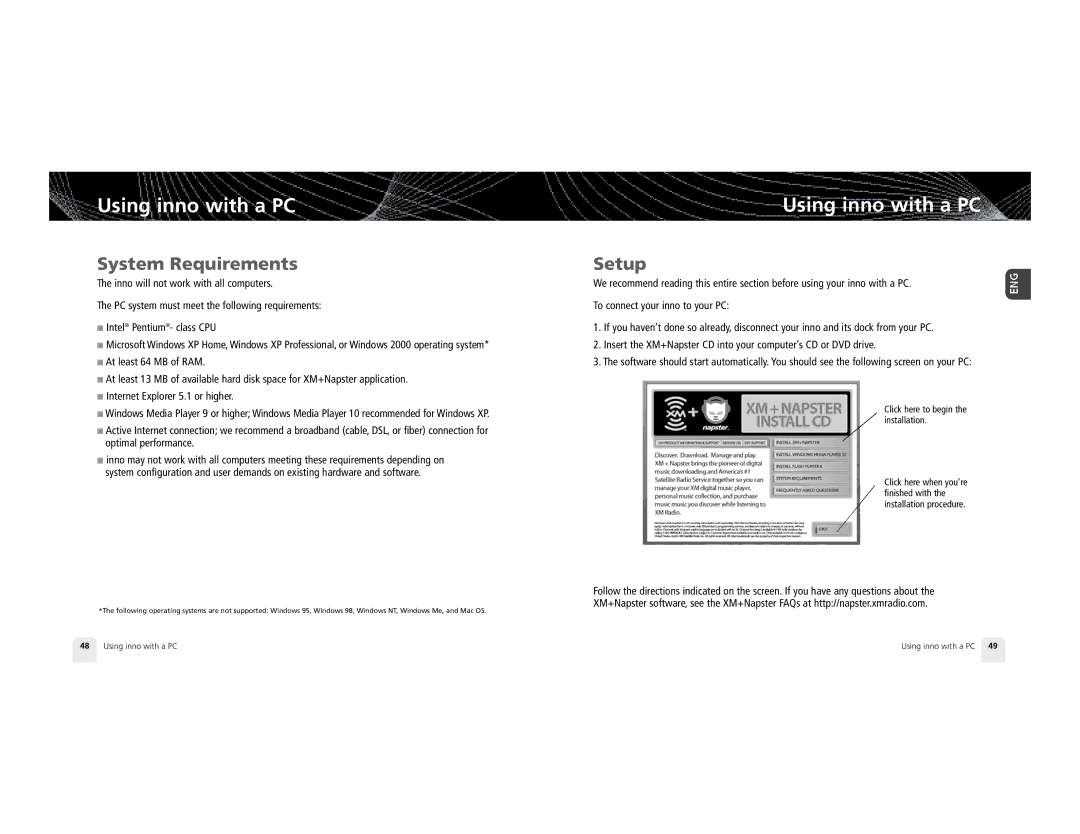 Pioneer XM2GO manual Using inno with a PC, System Requirements 