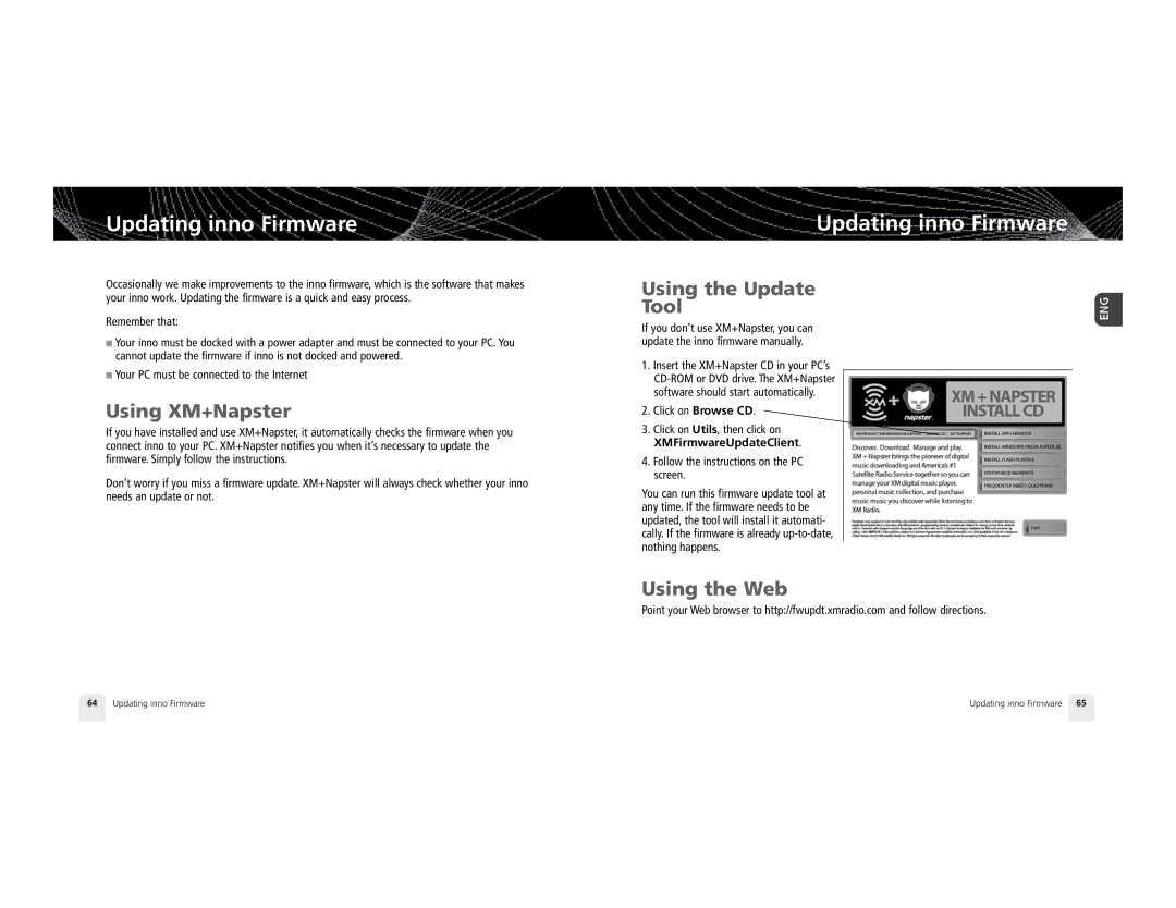 Pioneer XM2GO manual Updating inno Firmware, Using XM+Napster, Using the Update Tool, Using the Web 