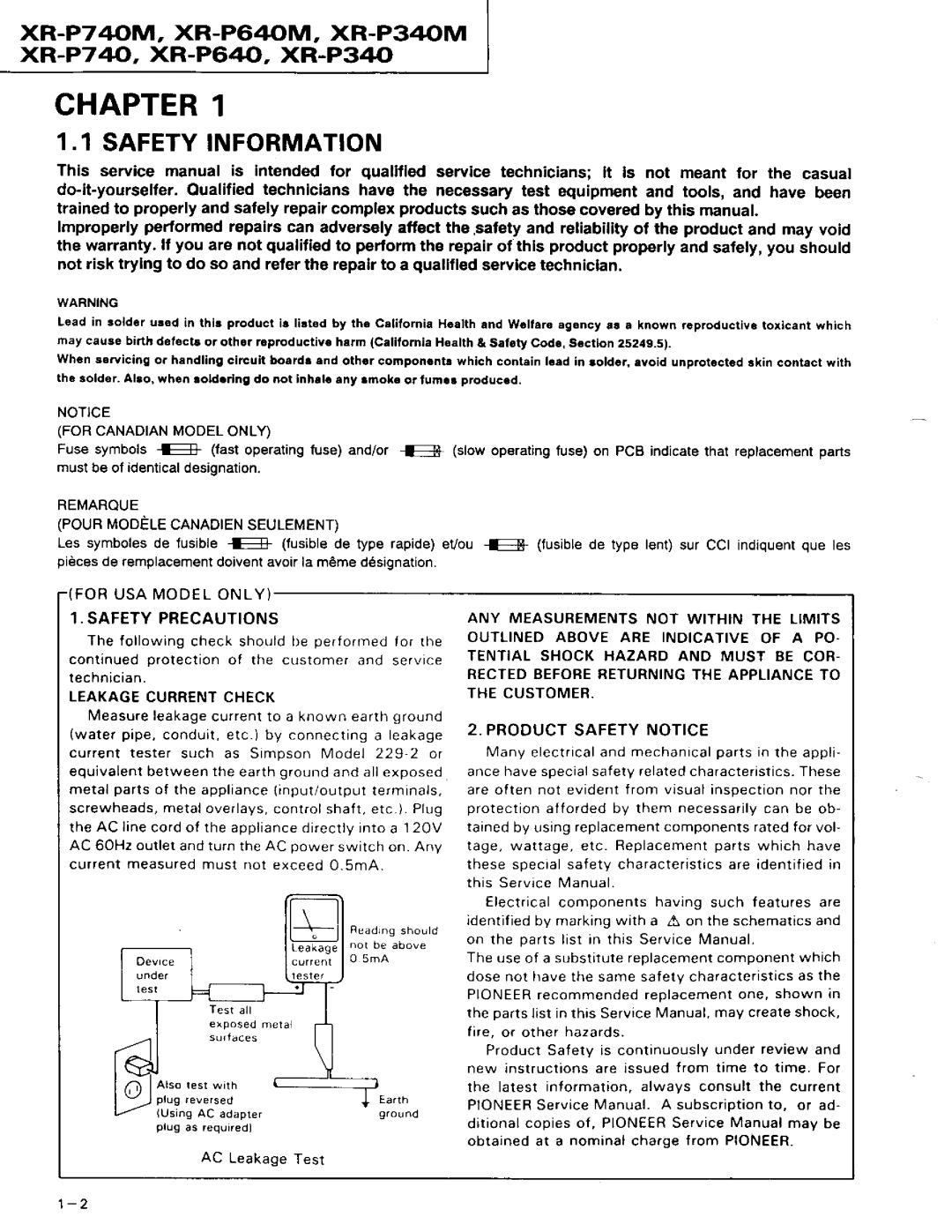 Pioneer XR-P740M Safetyinformation, XR-P74M, XR-P64M, XR-P34M xR-P7 &, XR-pOaO, XR-P34, A F E T YP R E C a U T I O N S 