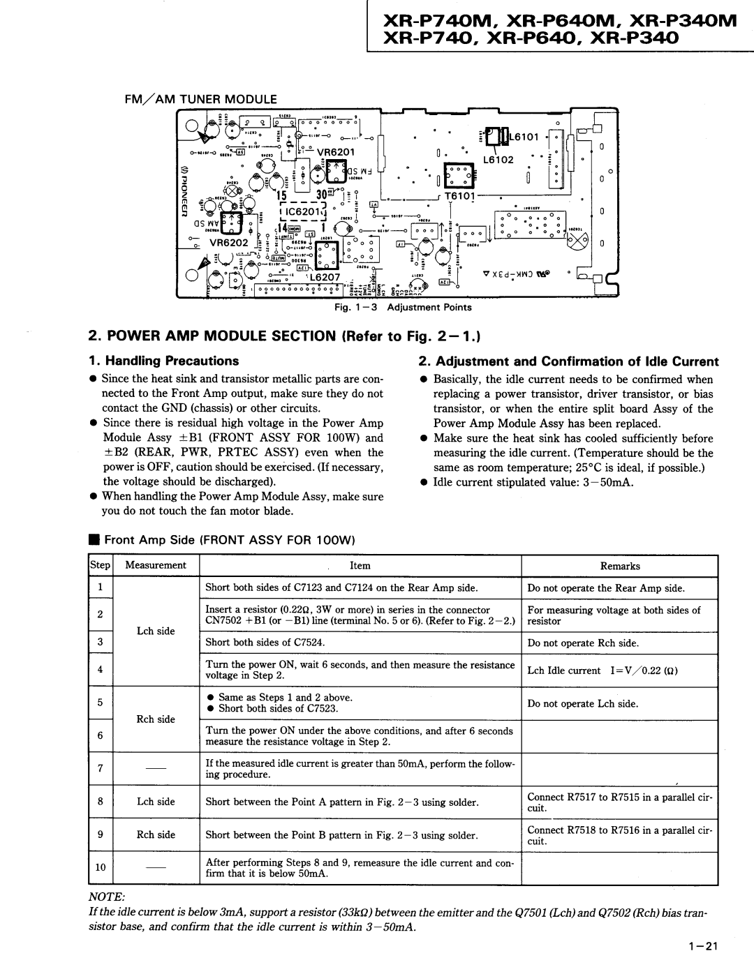 Pioneer XR-P340M XR-P74OM. XR-P64OM, XR.P34OM xR.-P7 4o-, XR-P64HJ,XR-P340, Poweramp MODULESECTTONReferto Fig .2 1 