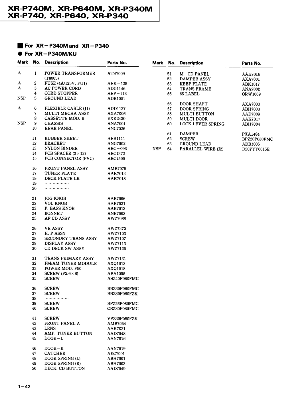 Pioneer XR-P340M XR-P74OM. XR-P64OM. XR-P34OM xR-P7 40, XR-P64, XR-P34, For XR- P3rtOMand xR-P340 For XR-P34OM/KU, Nsp 