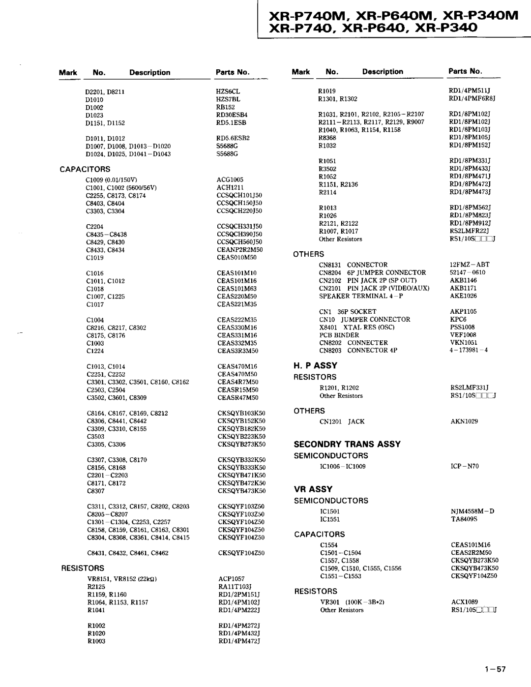 Pioneer XR-P740M XR-P74OM, XR-P64OM, XR-P34OM xR-P7 &, XR-P64, XR-P340, Cr0r6, Cl0l1,cr012, VR Assy Semiconductors 