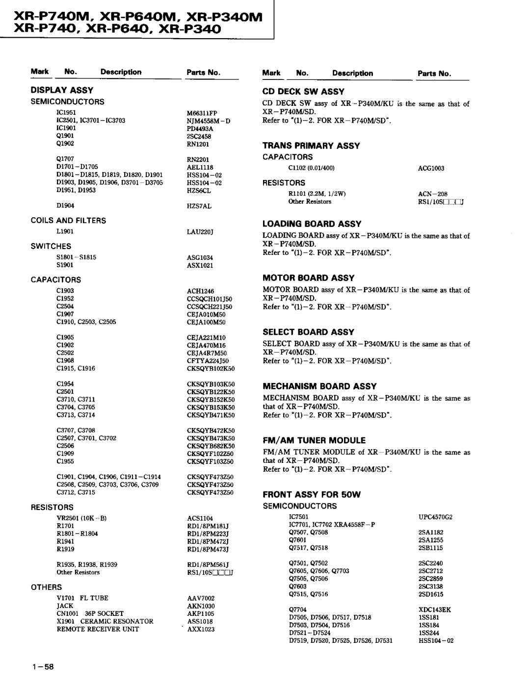 Pioneer XR-P740M XR-P74M, XR-P640M, XR-P340M xR-P7 40, XR-P64, XR-P340, SwrTcHEs, Motorboardassy, Fmiam Tunermodule 