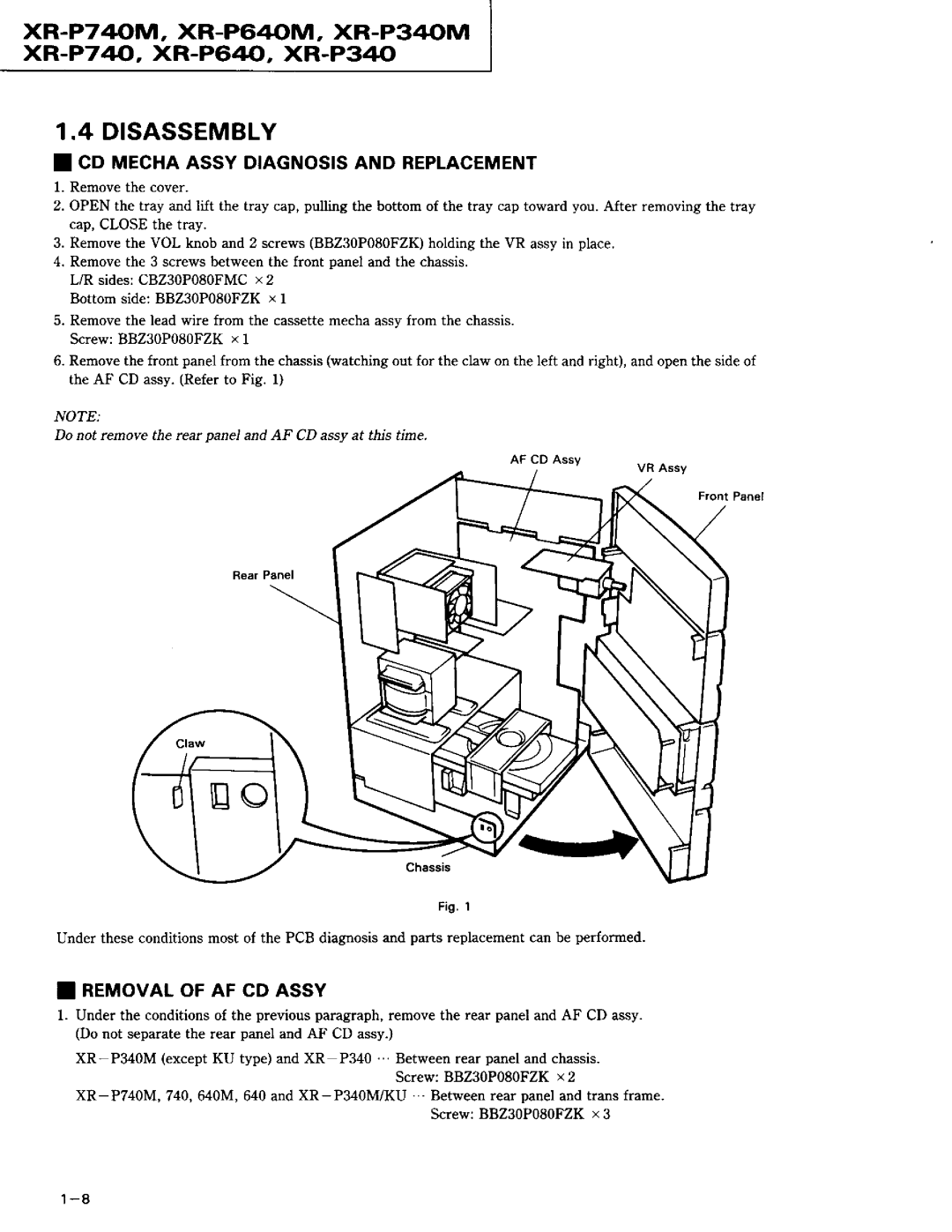 Pioneer XR-P740M, XR-P340M service manual Disassembly, XR-P74M, XR-P640M, XR-P34M xF-P7 40, XR-P640, XR-P34 