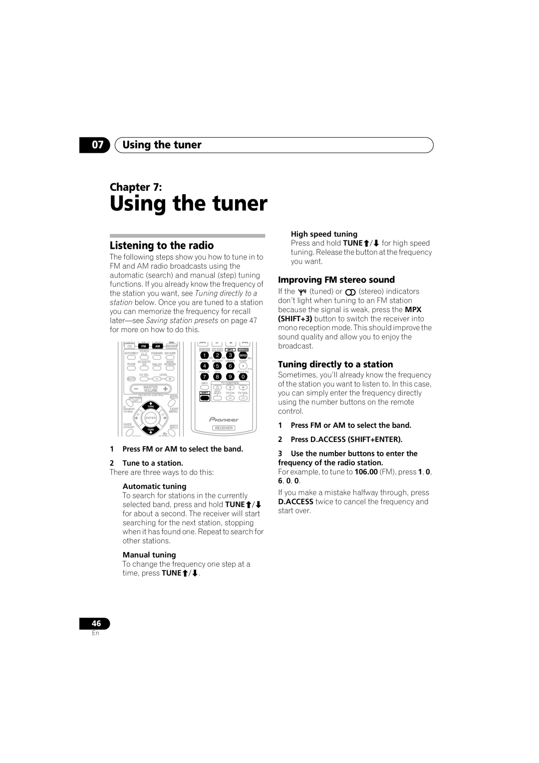 Pioneer XRB3089-A manual Using the tuner Chapter, Listening to the radio, Improving FM stereo sound 