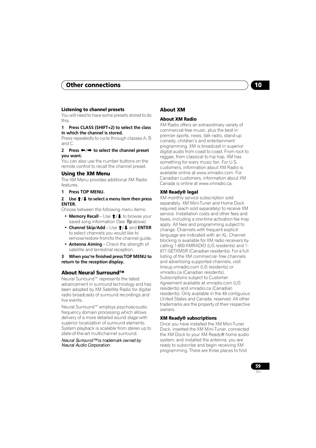 Pioneer XRB3089-A manual Using the XM Menu, About Neural Surround, About XM 