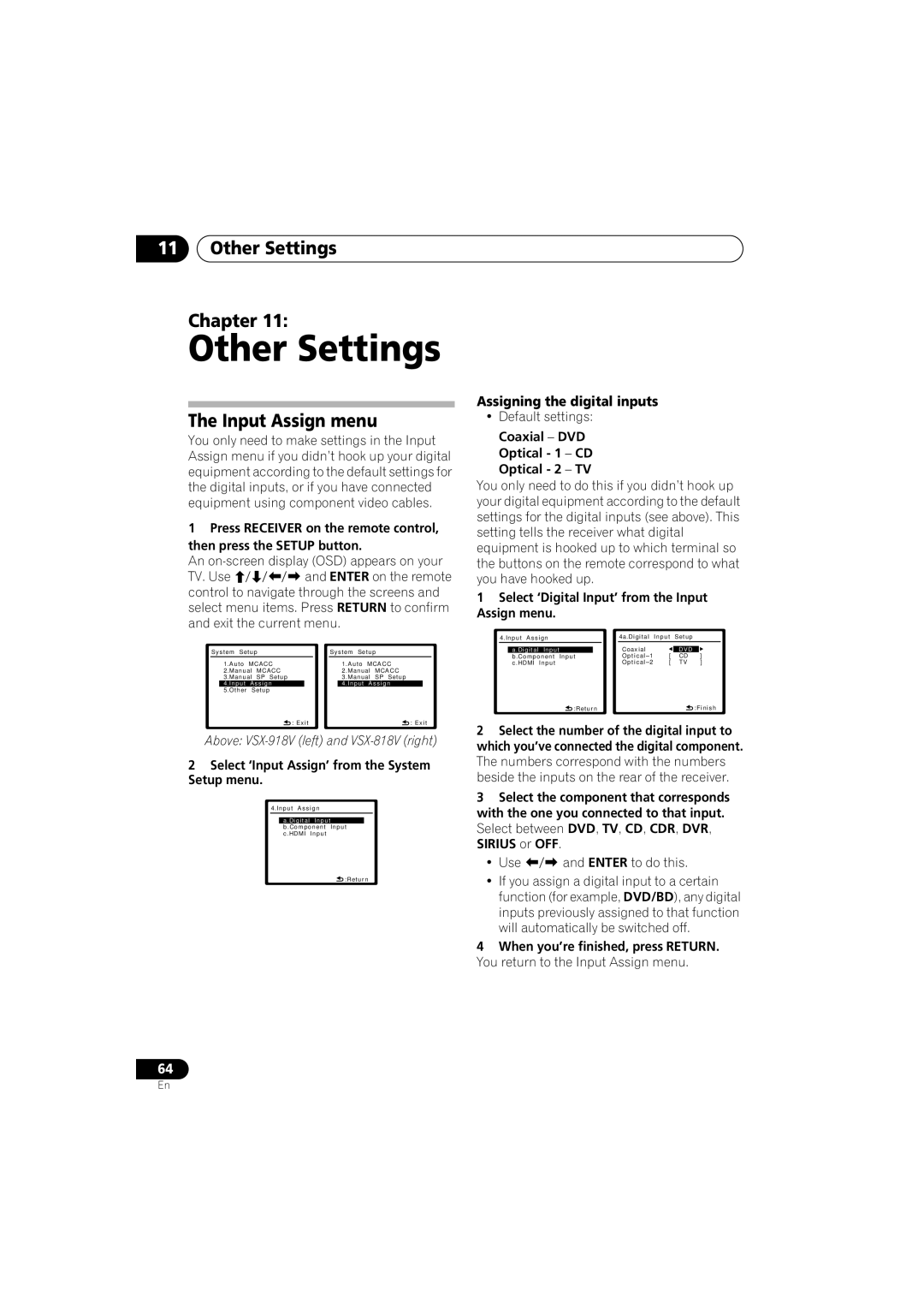 Pioneer XRB3089-A manual Other Settings Chapter, Input Assign menu, Assigning the digital inputs 