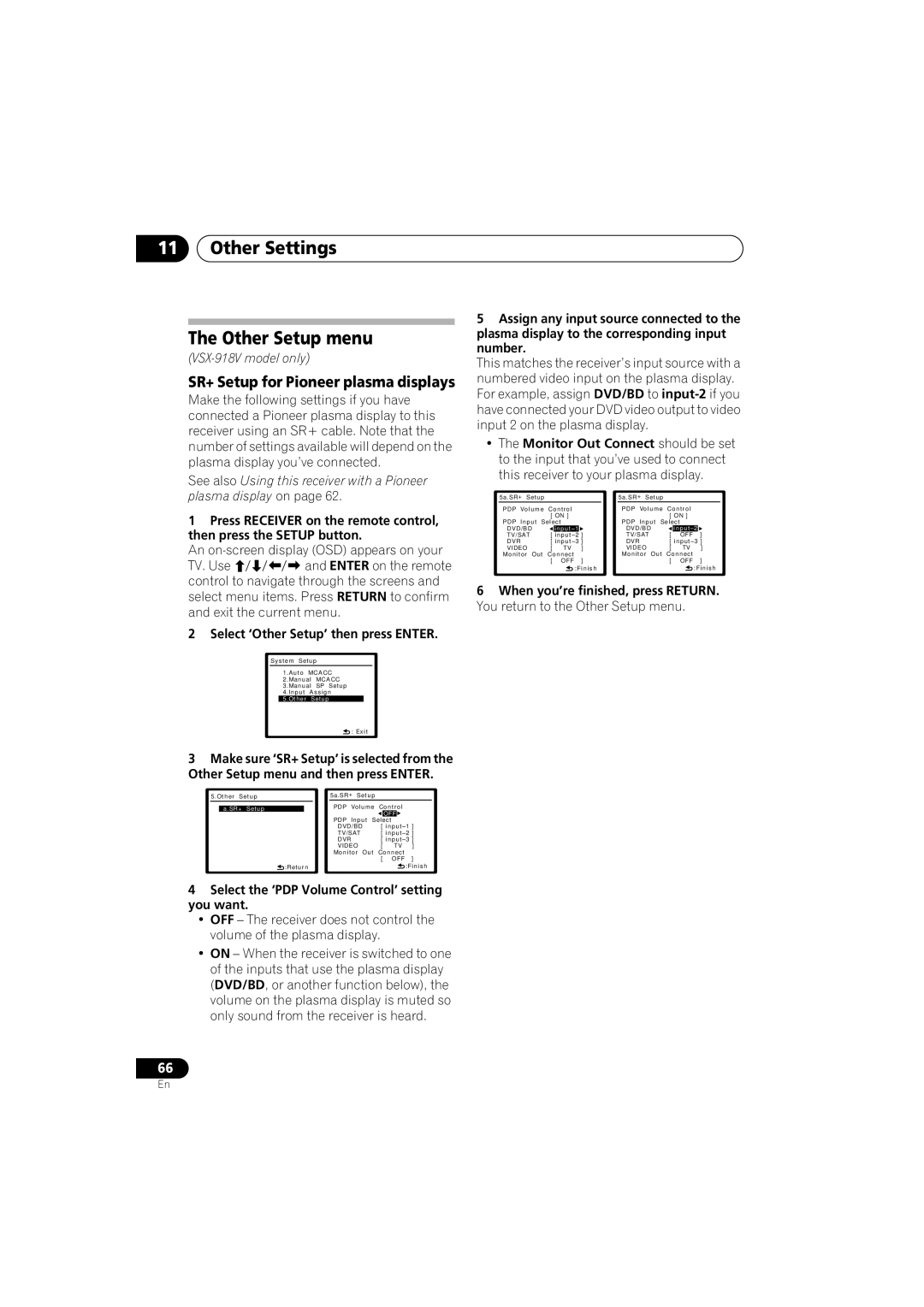 Pioneer XRB3089-A manual Other Settings Other Setup menu, SR+ Setup for Pioneer plasma displays 