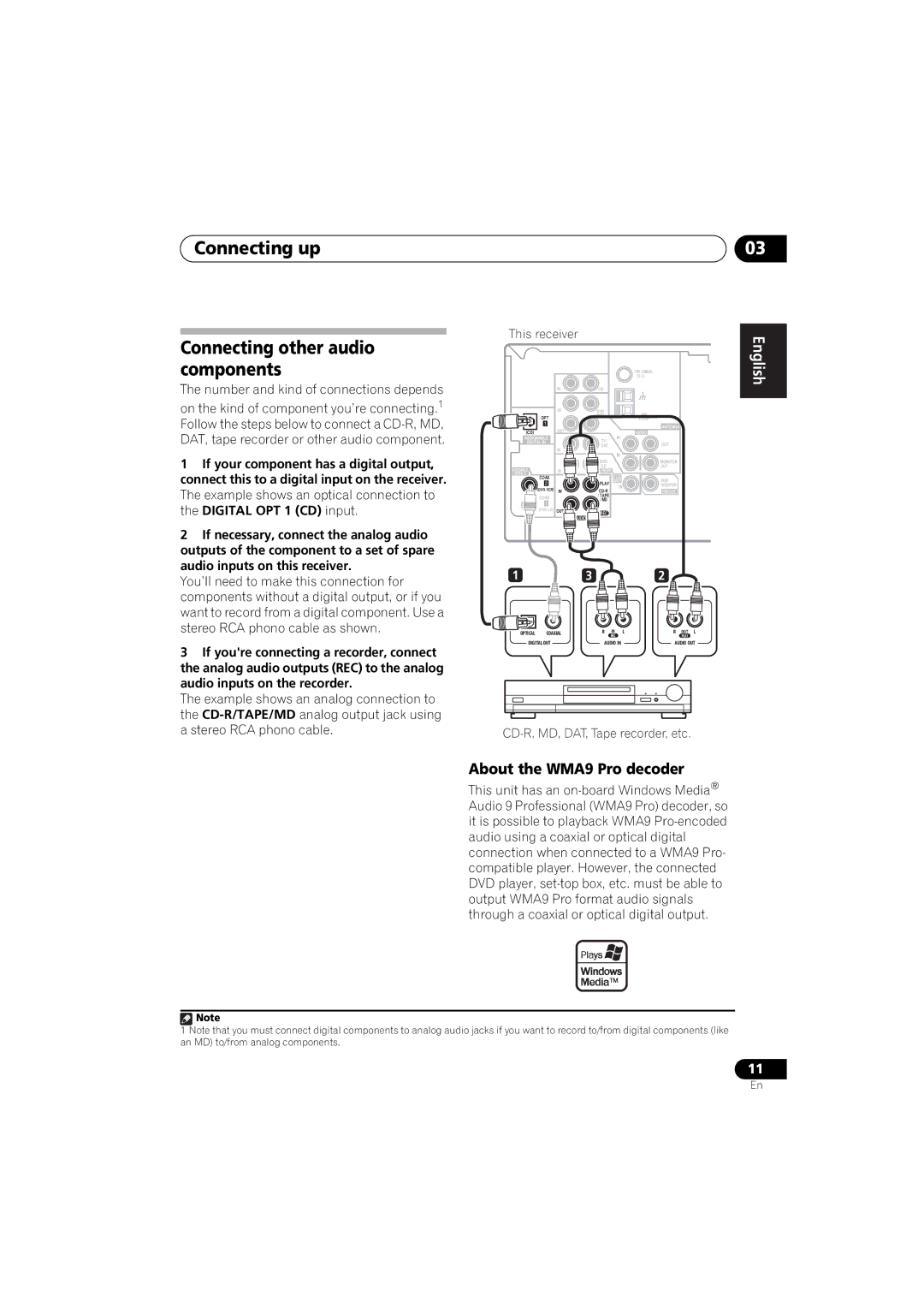 Pioneer XRE3138-A manual Connecting up Connecting other audio components, About the WMA9 Pro decoder 