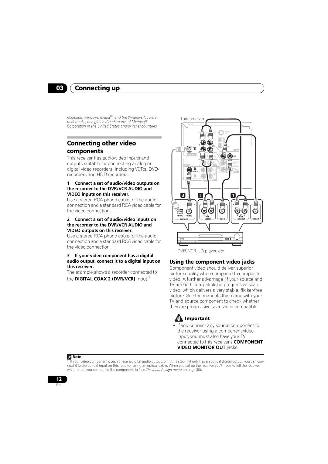 Pioneer XRE3138-A manual Connecting other video components, Using the component video jacks, DVR, VCR, LD player, etc 