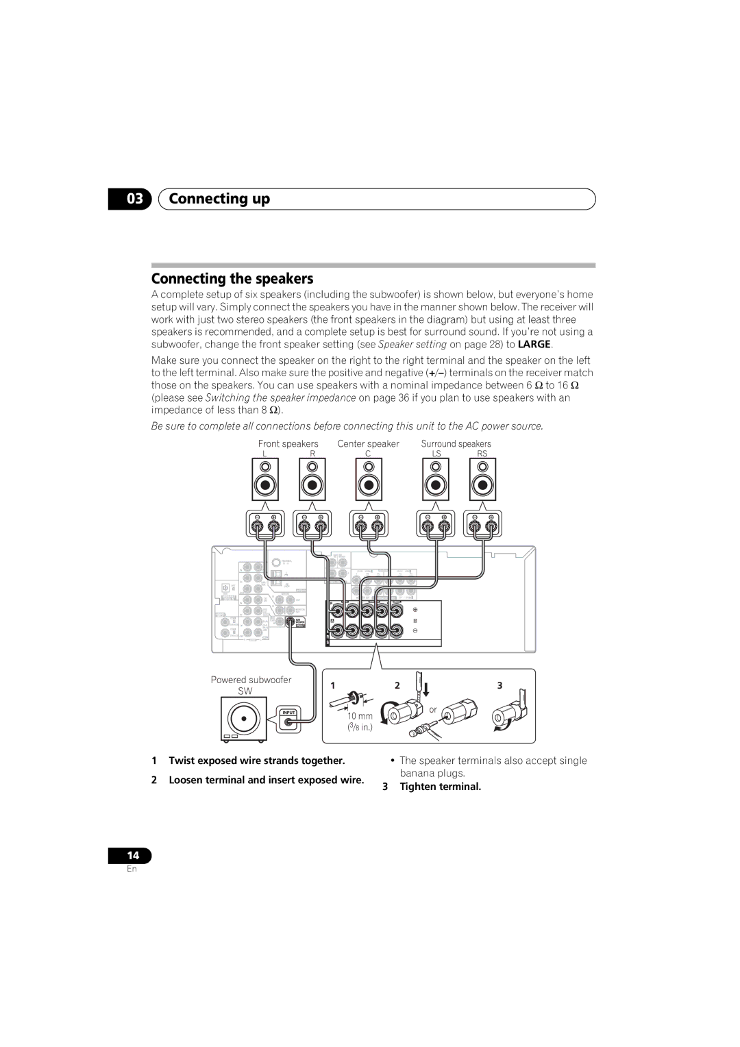 Pioneer XRE3138-A manual Connecting up Connecting the speakers, Banana plugs, Tighten terminal 