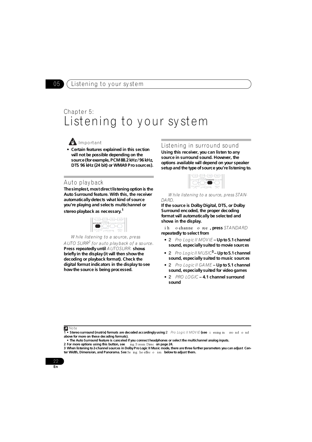 Pioneer XRE3138-A manual Listening to your system Chapter, Listening in surround sound, Auto playback 