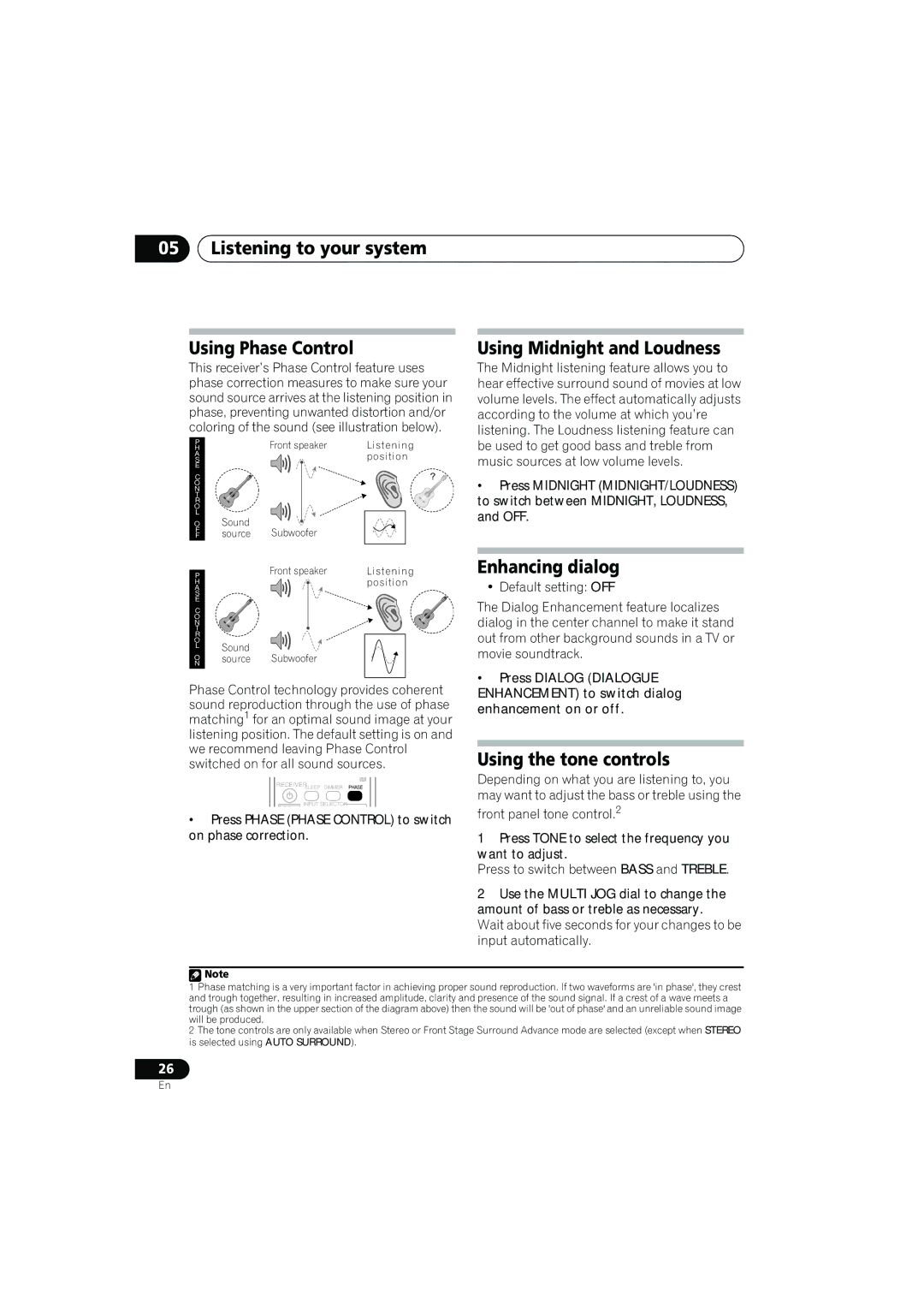 Pioneer XRE3138-A manual Listening to your system Using Phase Control, Using Midnight and Loudness, Enhancing dialog 