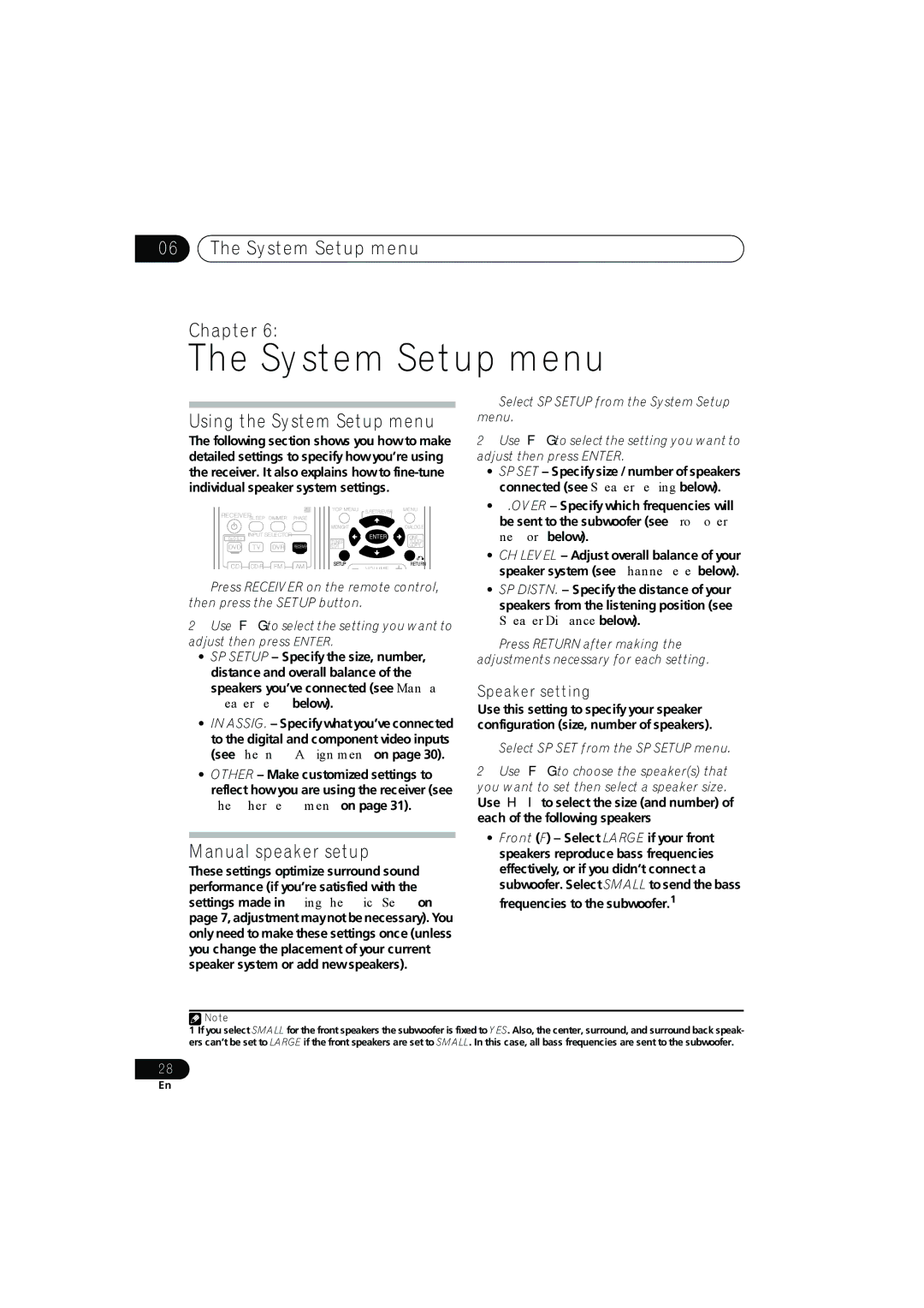 Pioneer XRE3138-A manual System Setup menu Chapter, Using the System Setup menu, Manual speaker setup, Speaker setting 