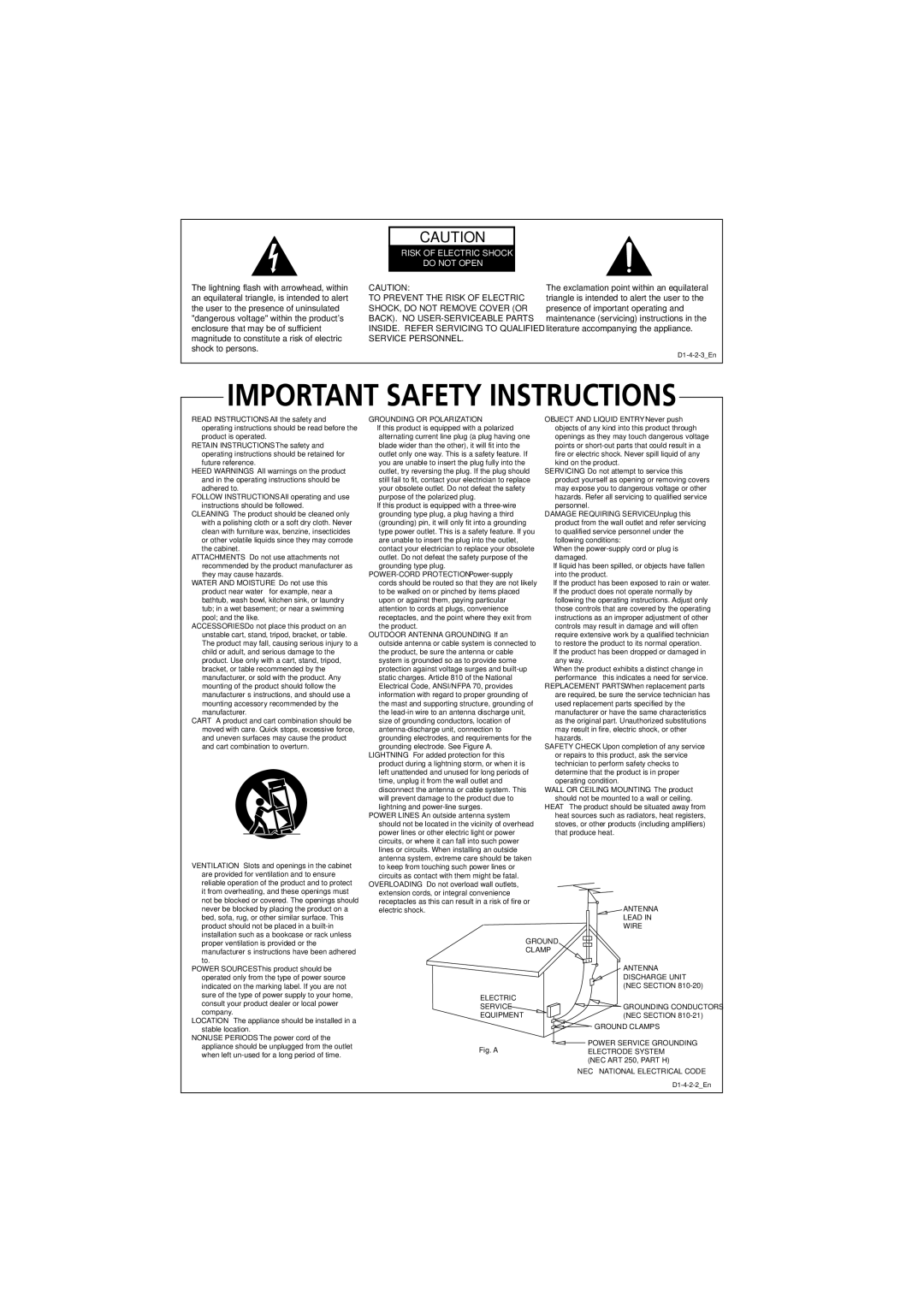 Pioneer XRE3138-A manual Risk of Electric Shock Do not Open 