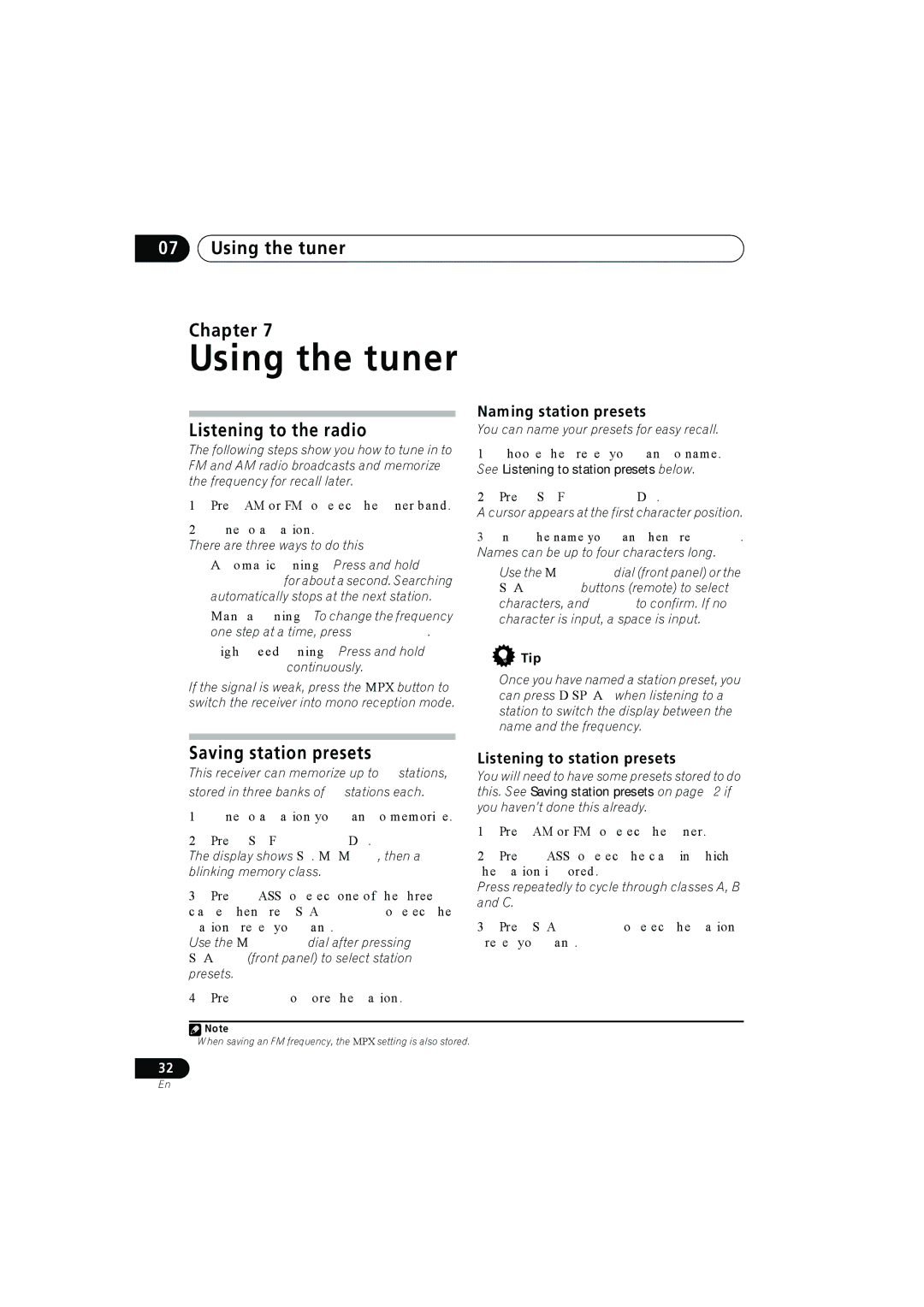 Pioneer XRE3138-A manual Using the tuner Chapter, Listening to the radio, Saving station presets 